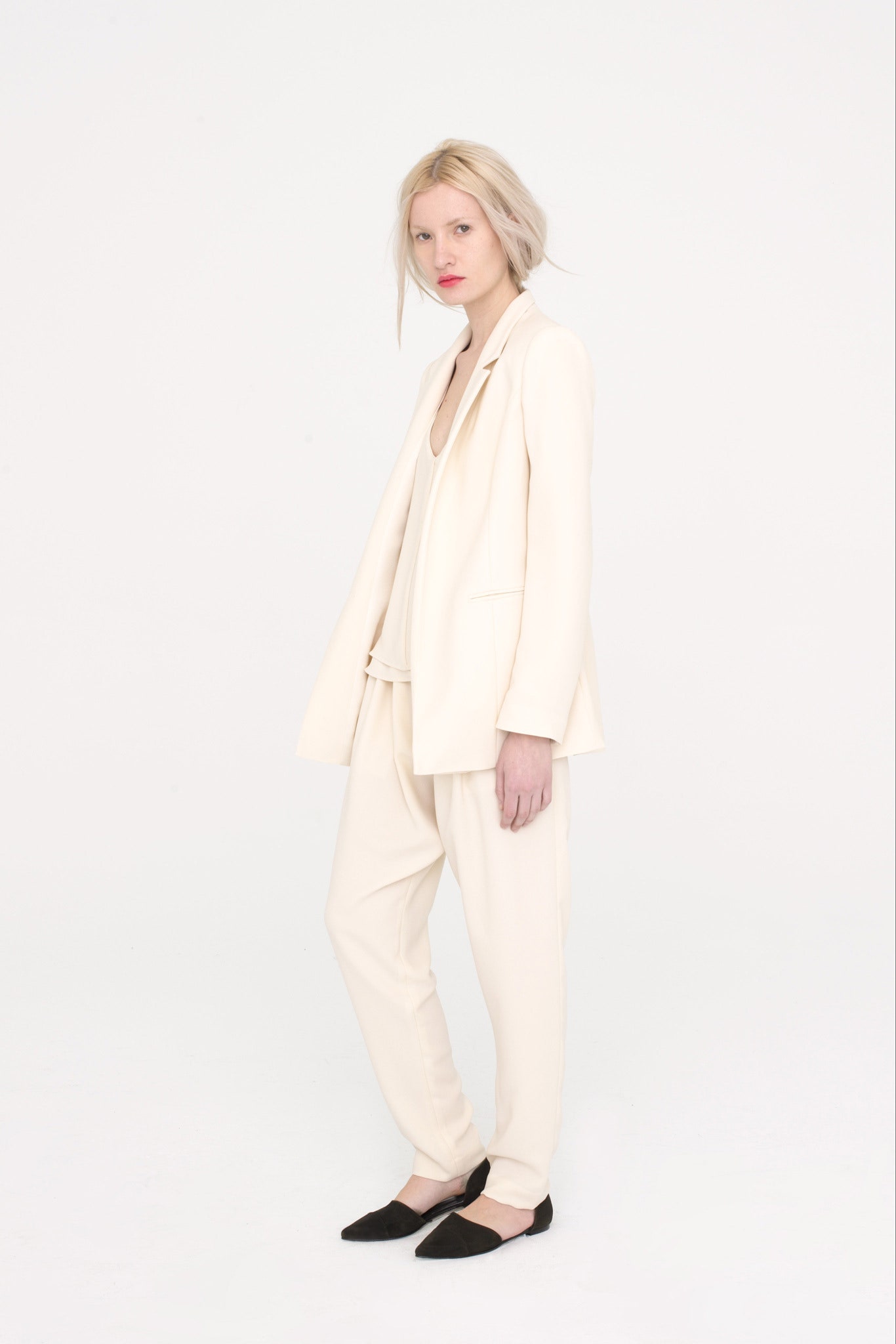 white relaxed blazer and pants