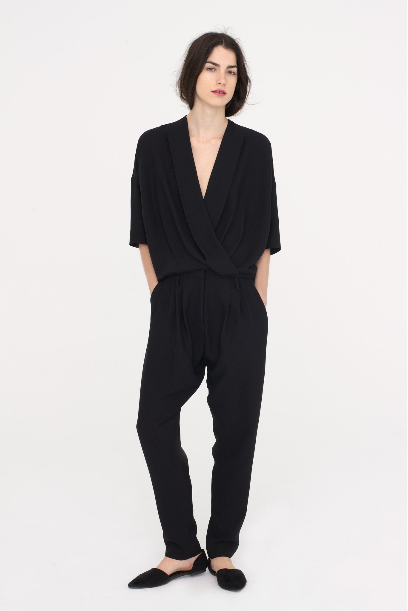 black relaxed v-neck jumpsuit