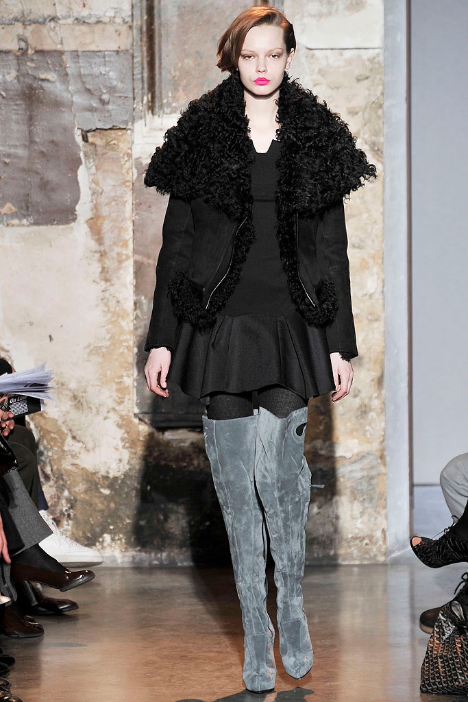 black faux-fur coat and mini dress