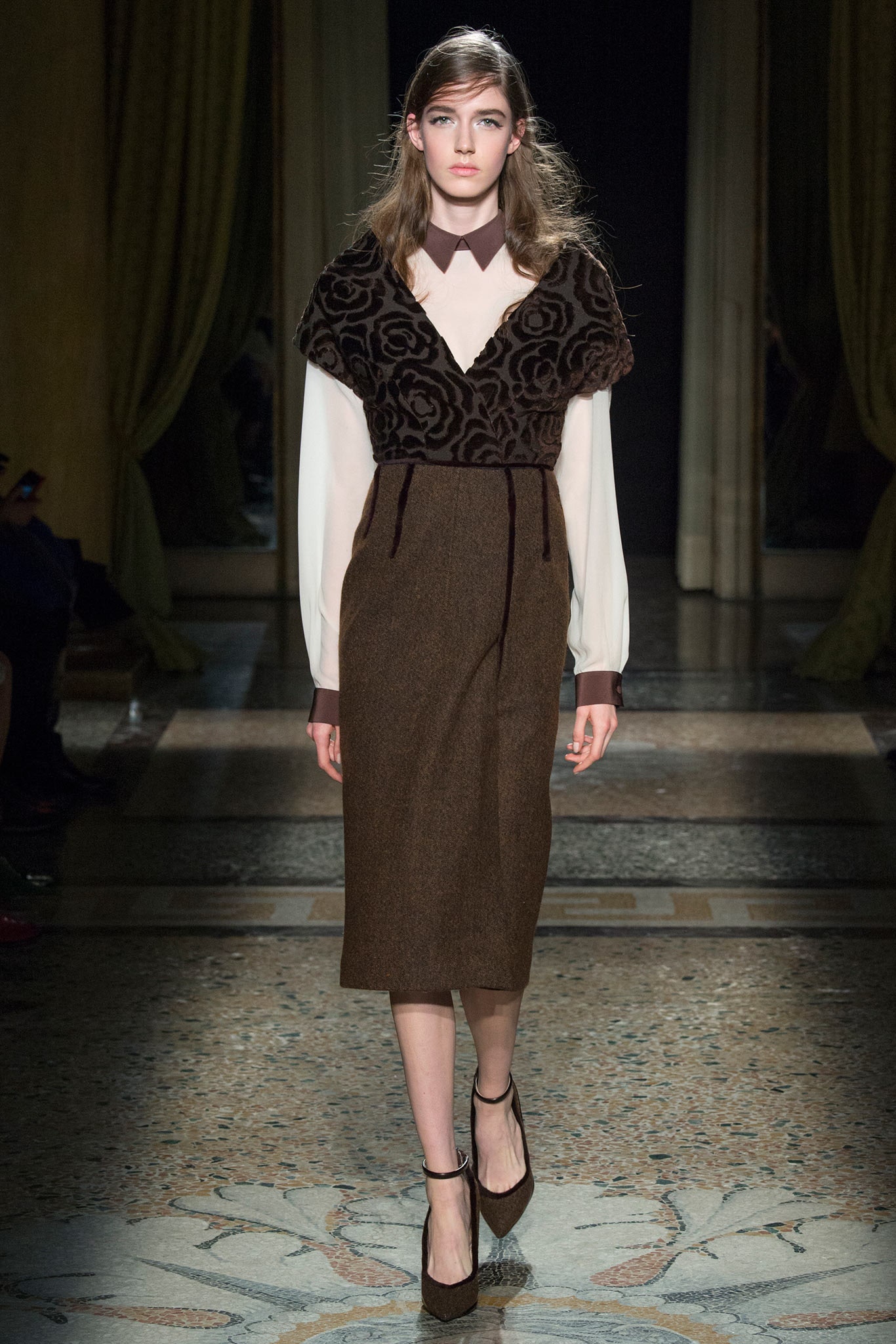brown wool long-sleeve collared fitted pencil midi dress