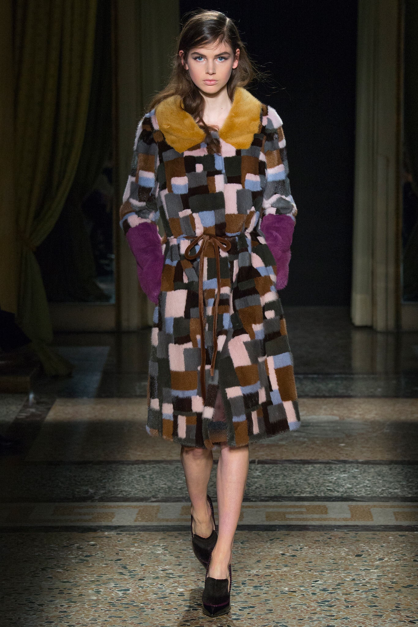 multi-colored fur belted coat