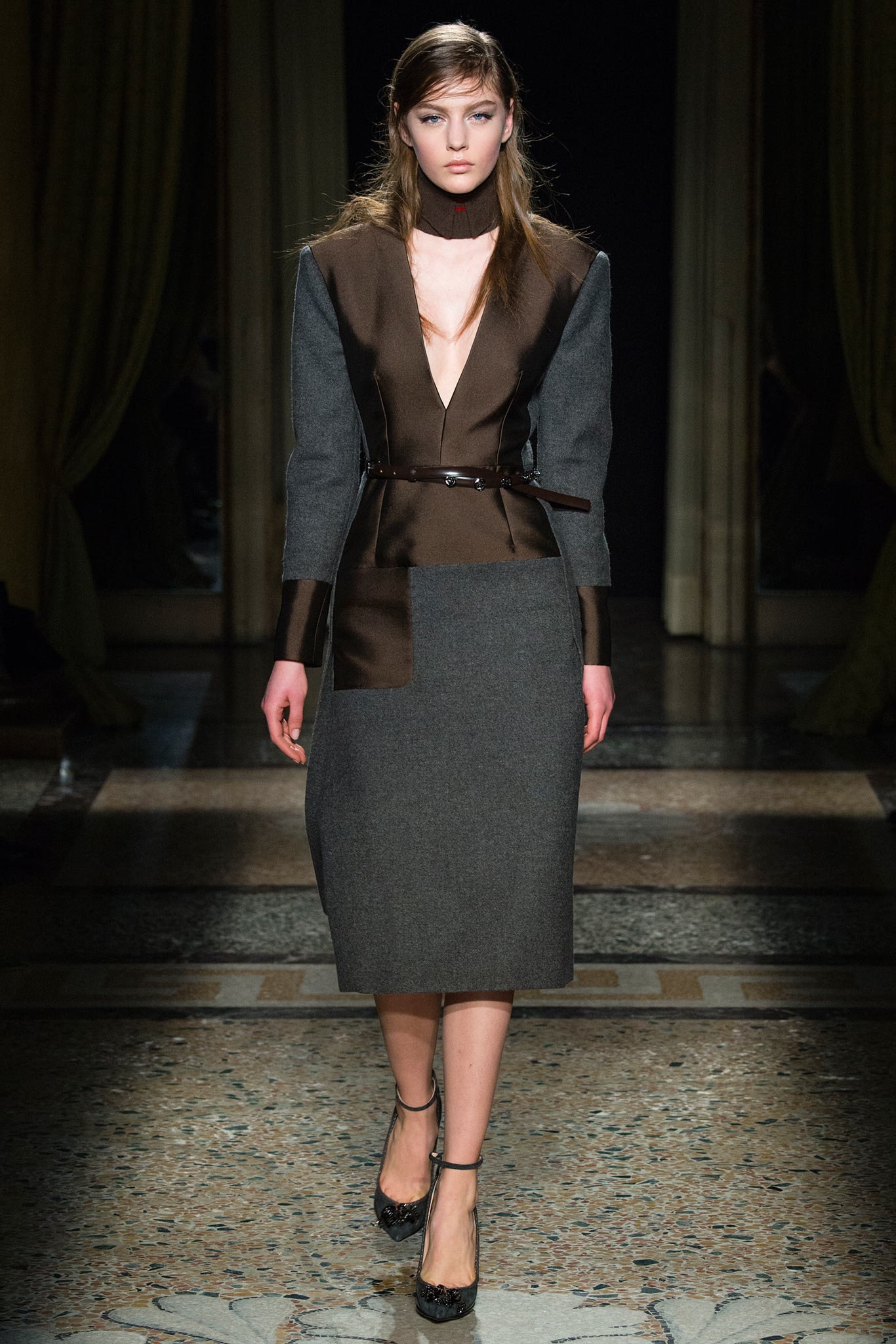 fitted gray and brown wool dress