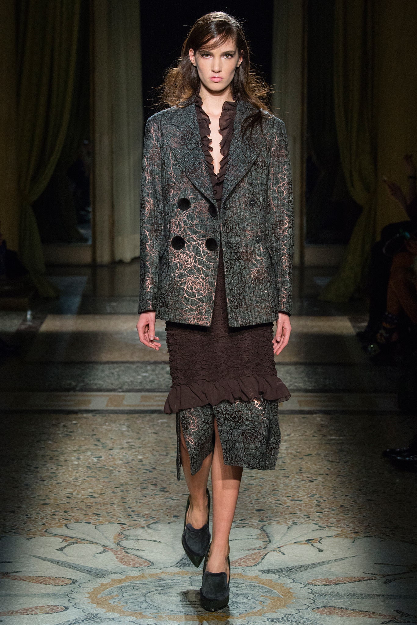 embroidered black silk blazer and brown dress