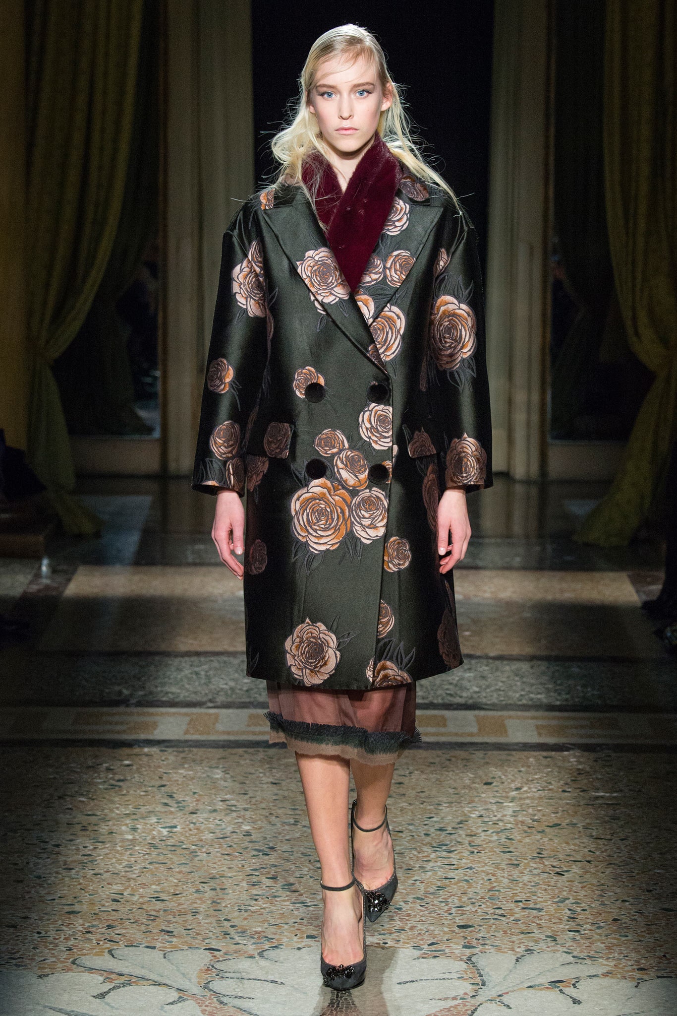 green floral coat with black dress