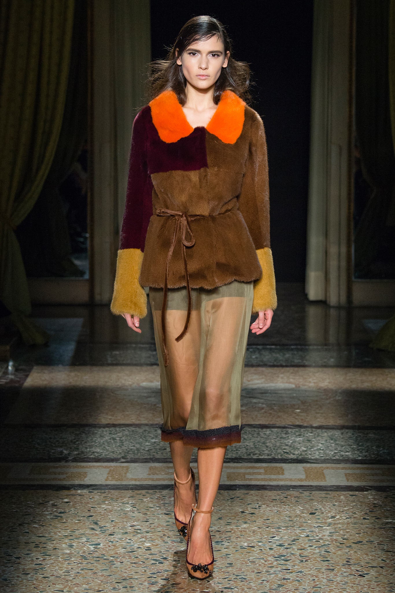 brown fur long-sleeve collared fitted belted jacket