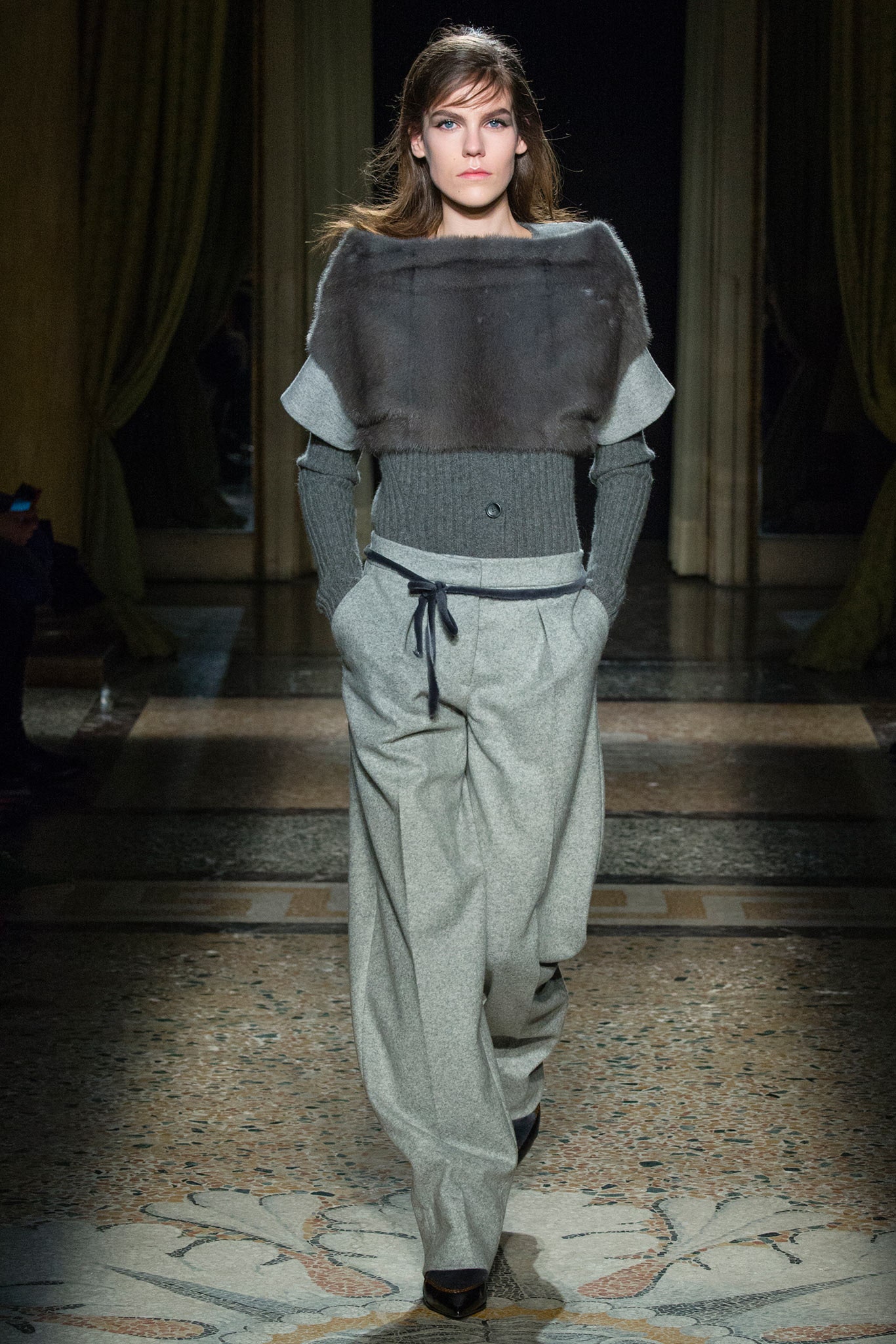gray fur sleeveless high-neck fitted layered top