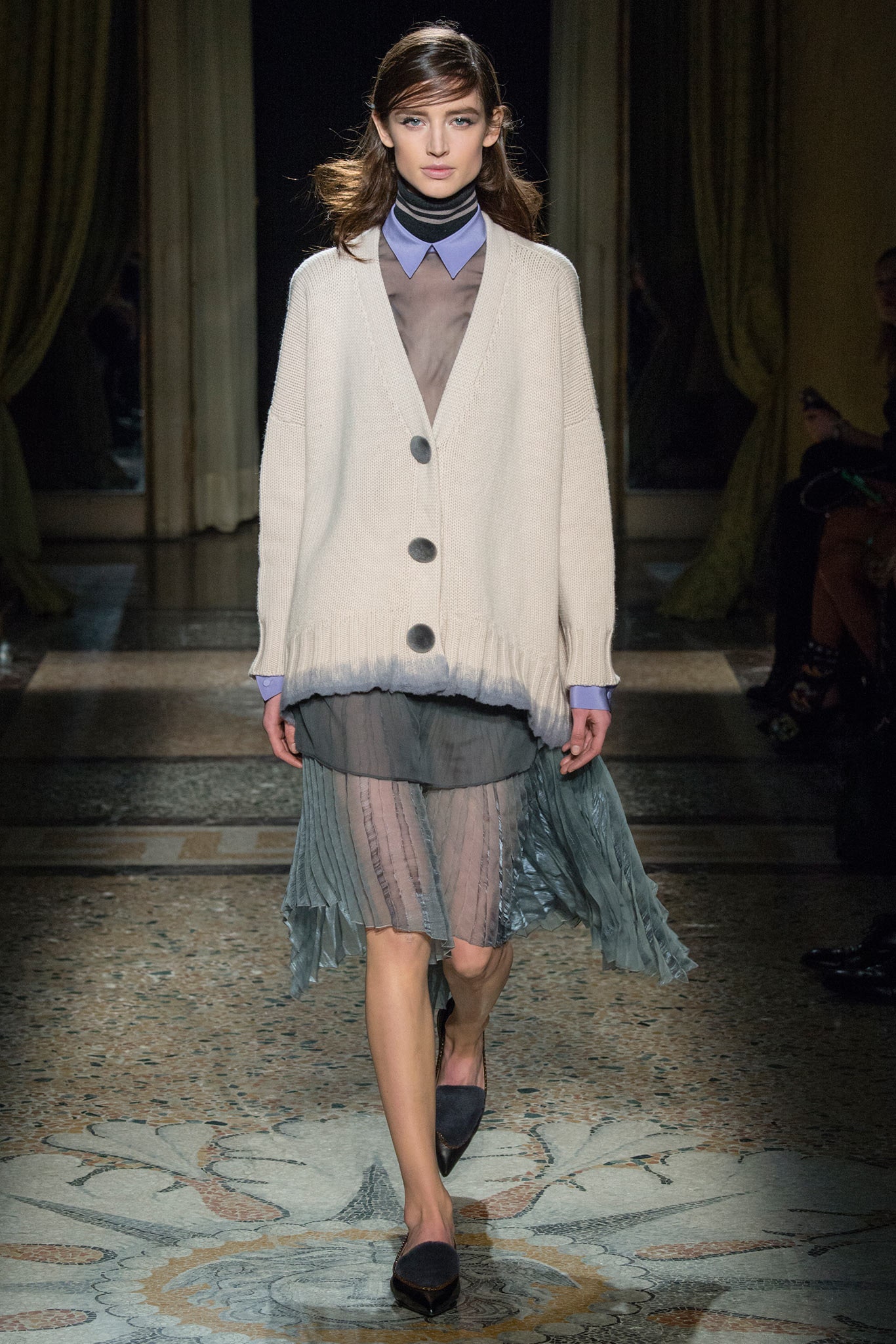 white cardigan blue blouse gray pleated dress