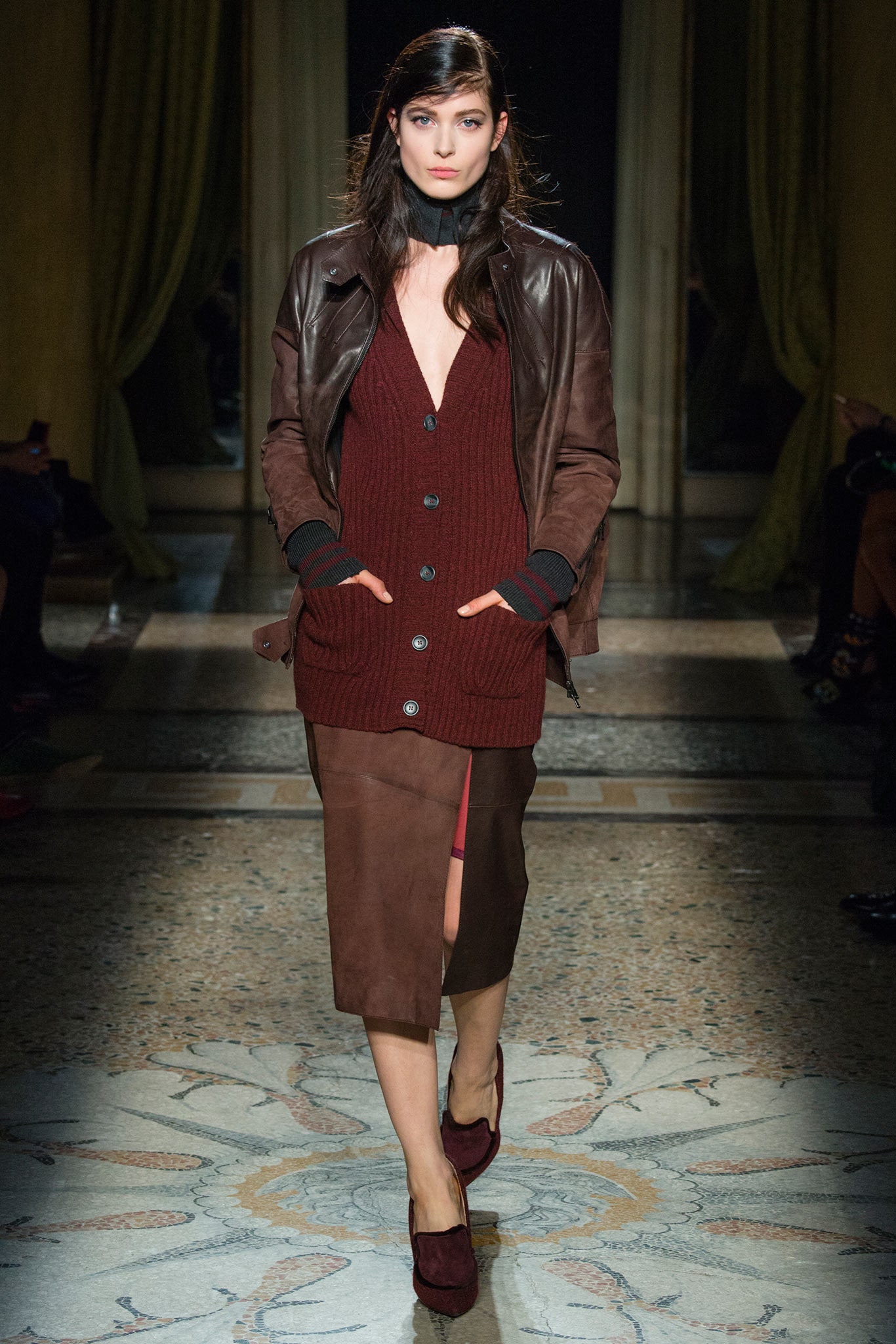 brown leather long-sleeve collared structured buttoned jacket