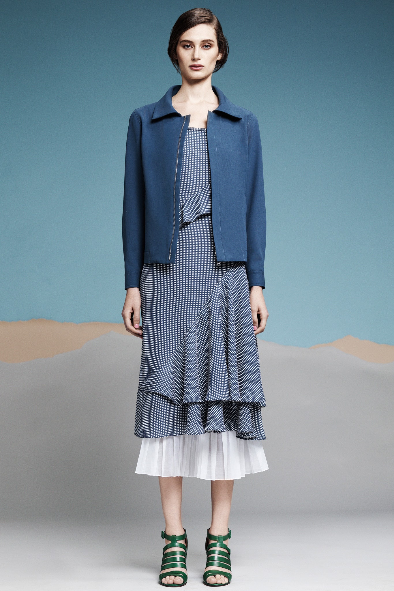 blue cotton long-sleeve collared fitted zippered jacket