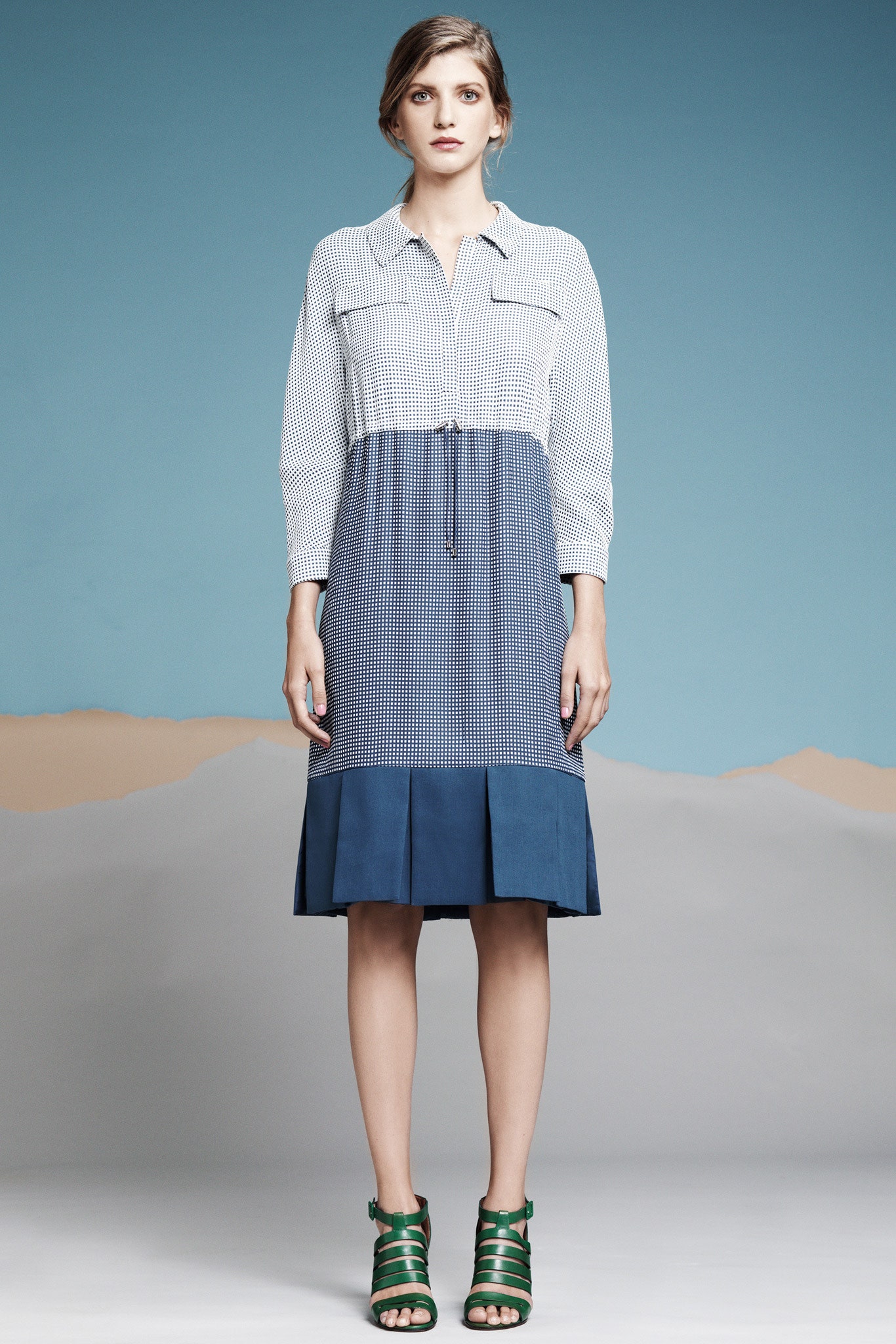blue cotton long-sleeve collared relaxed pleated midi dress