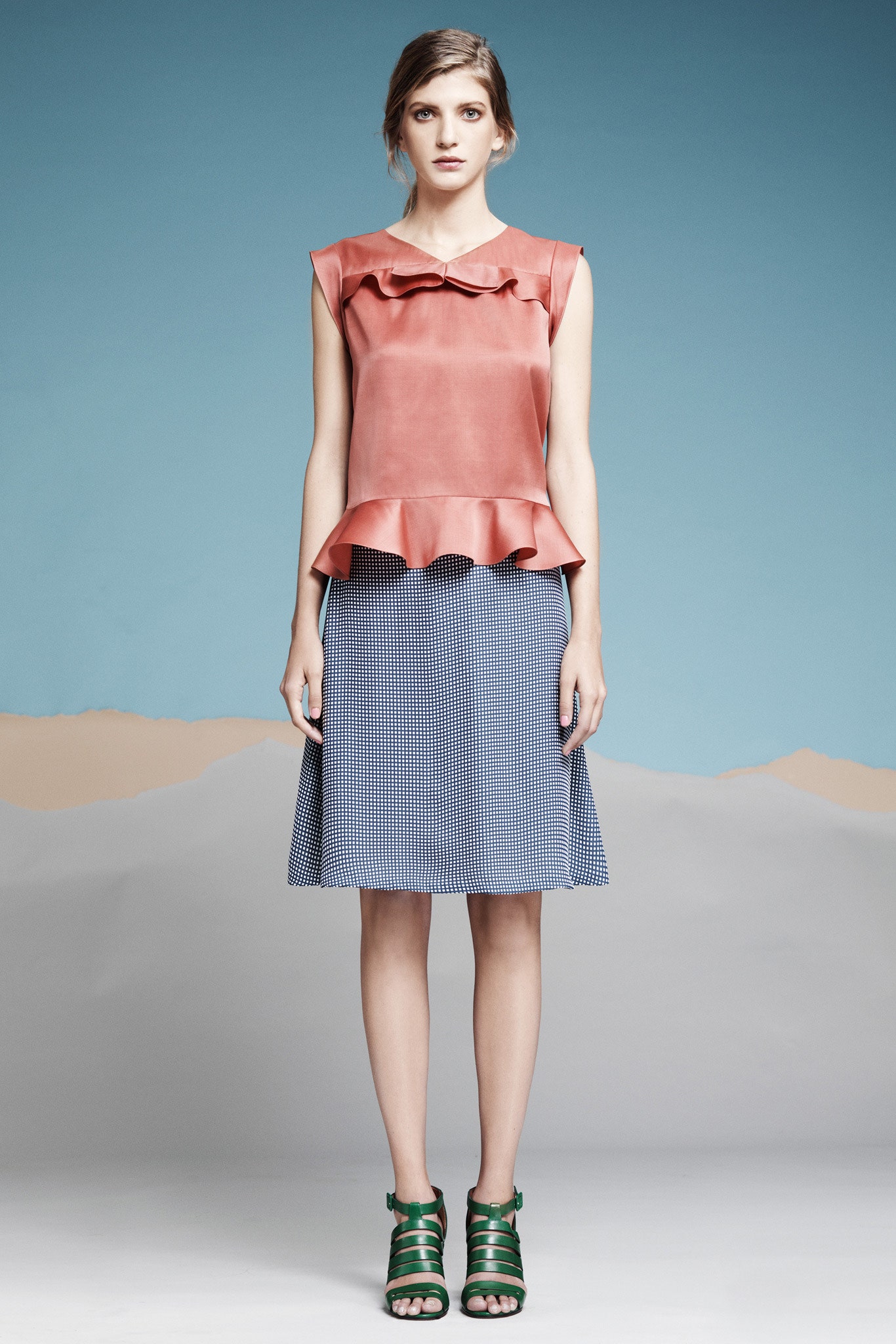pink silk sleeveless v-neck fitted ruffled top