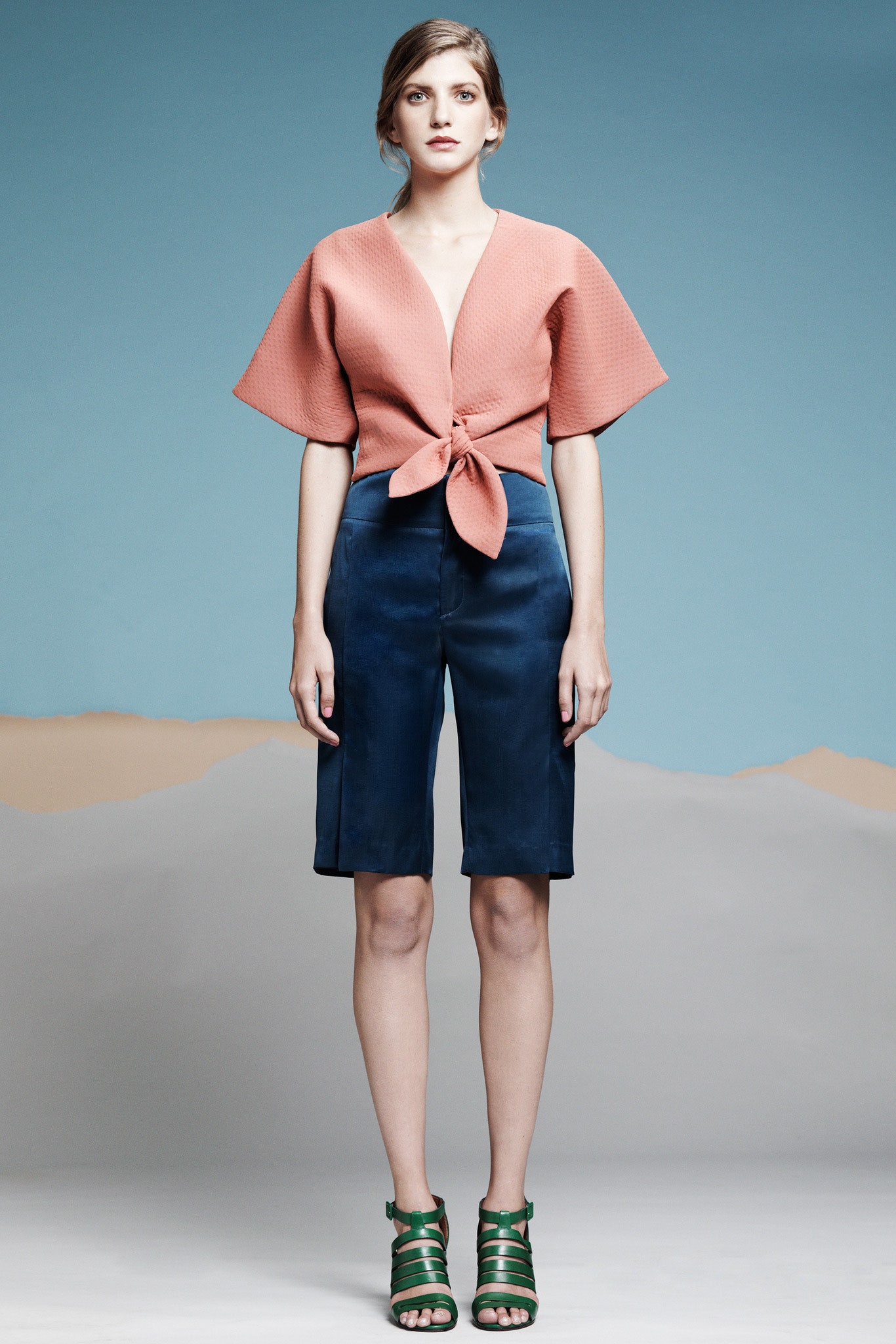 pink cotton short-sleeve v-neck fitted draped top