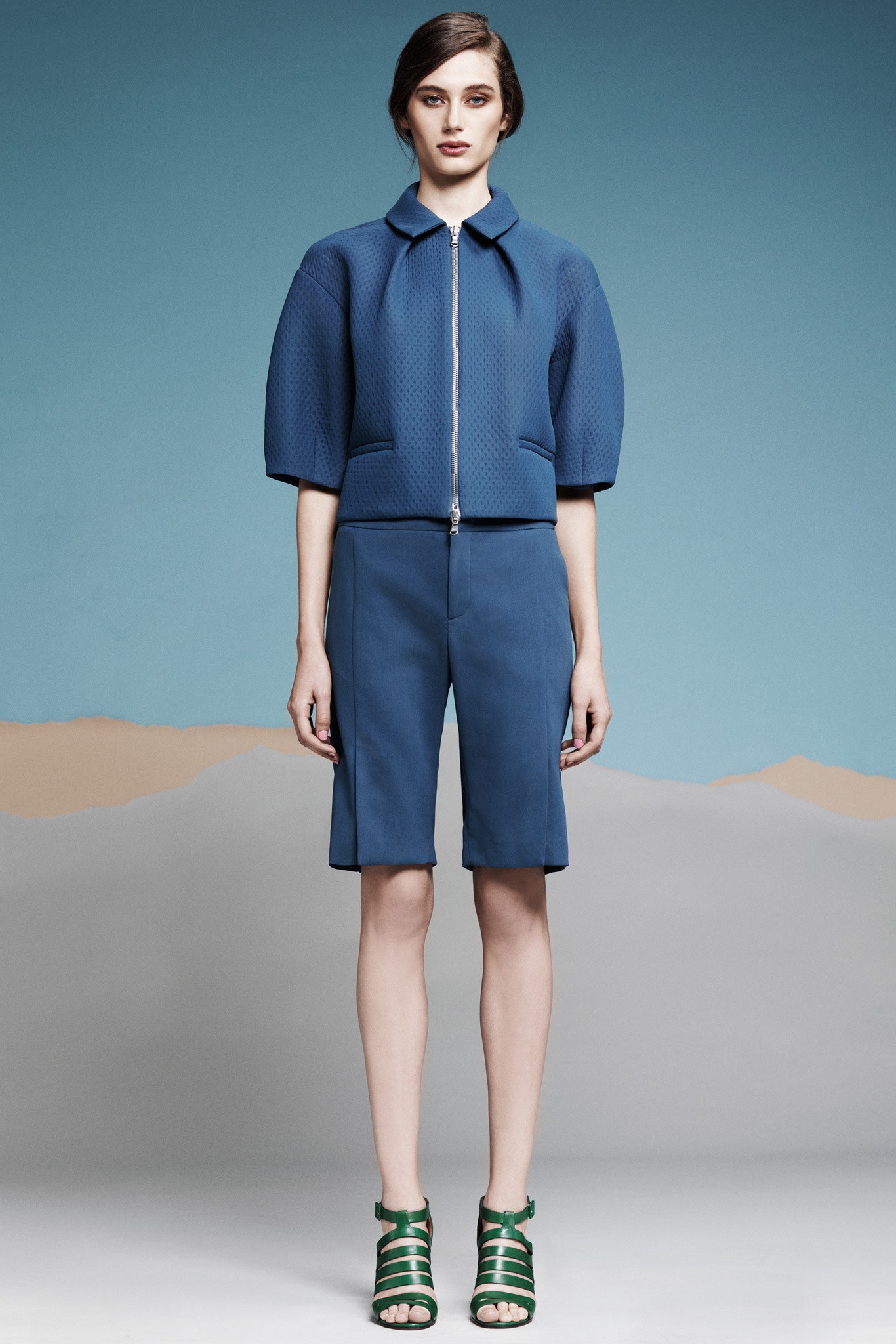 blue cotton short-sleeve collared fitted zippered jacket