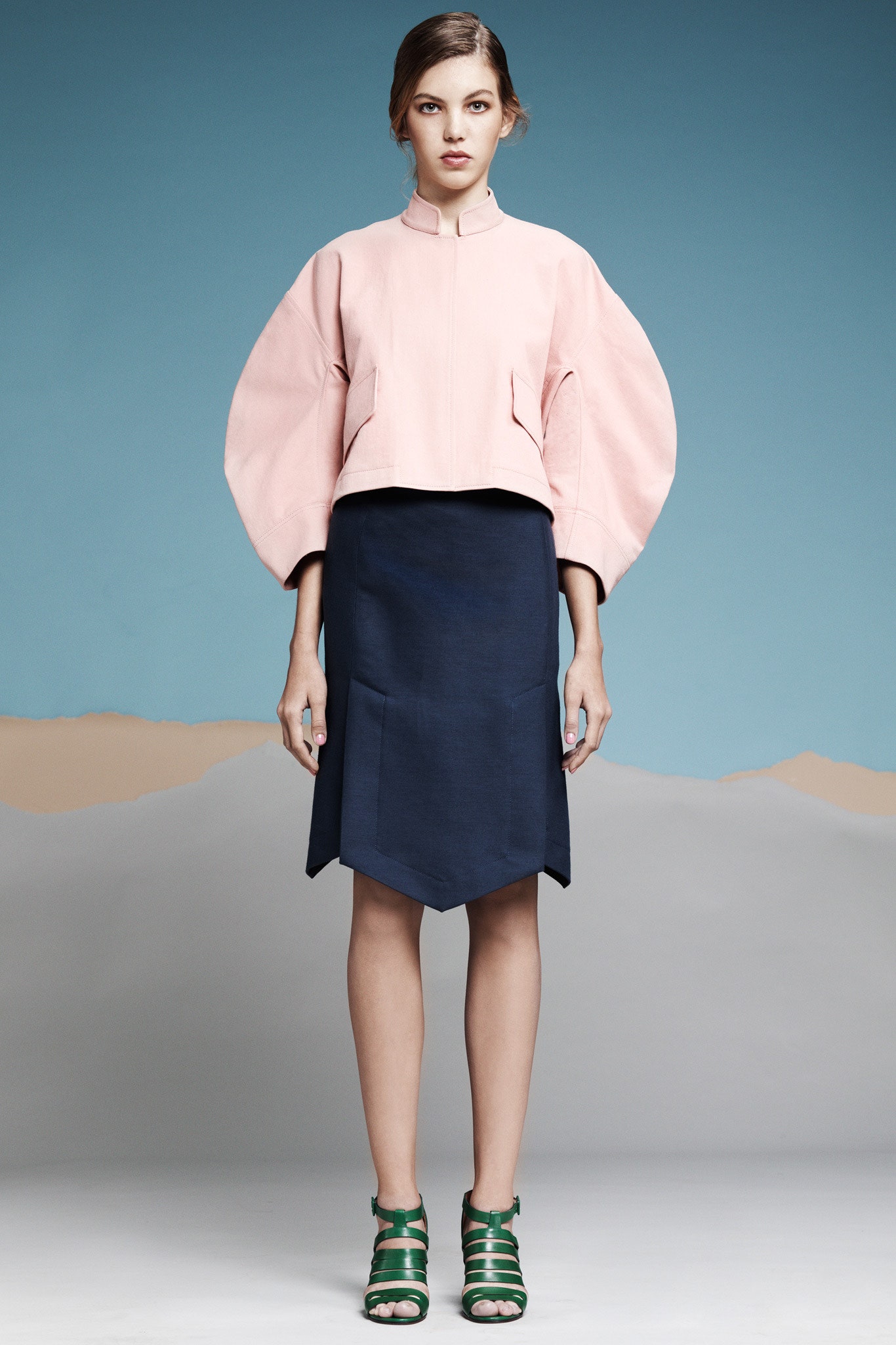 pink cotton long-sleeve collared fitted structured cropped top