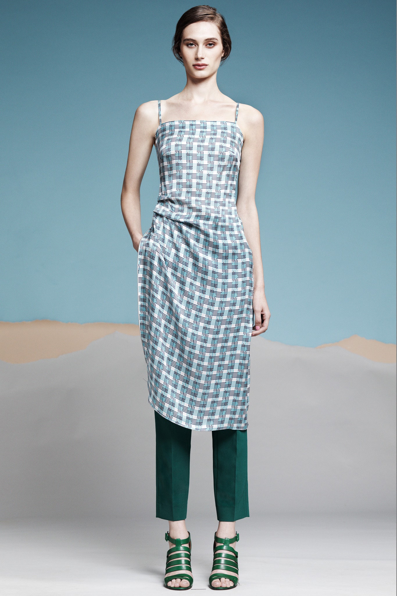 green cotton tailored straight-leg pants