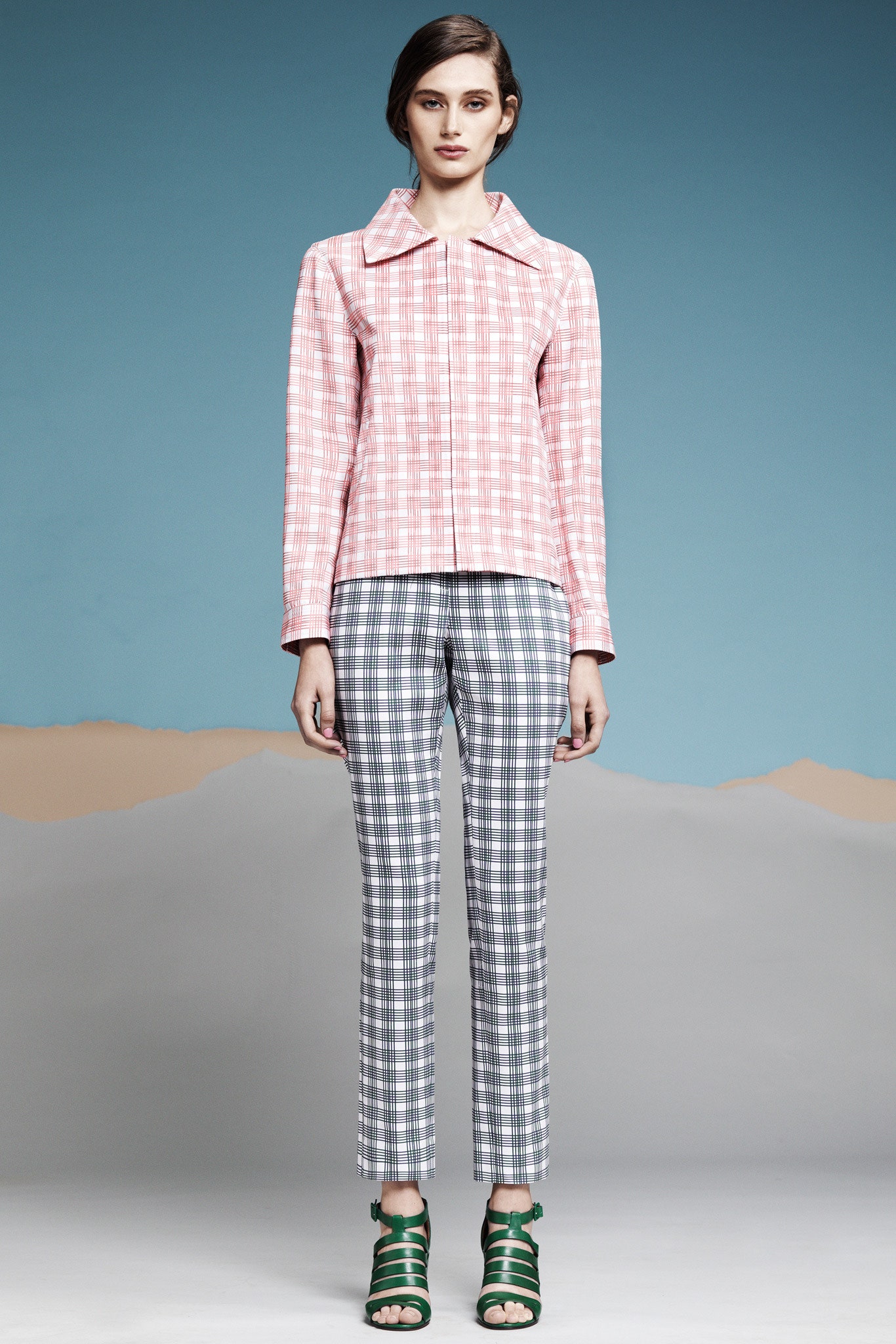 pink cotton long-sleeve collared fitted checked shirt