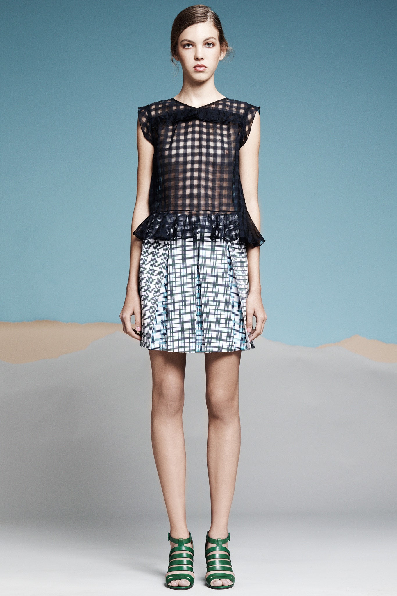 green cotton fitted pleated a-line mini skirt