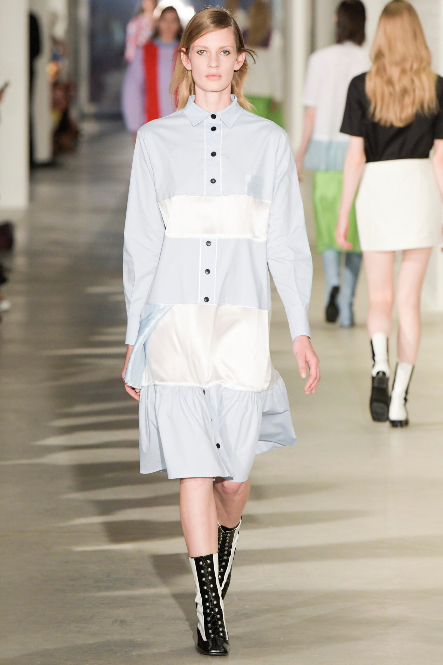 blue and white shirt-dress with black boots