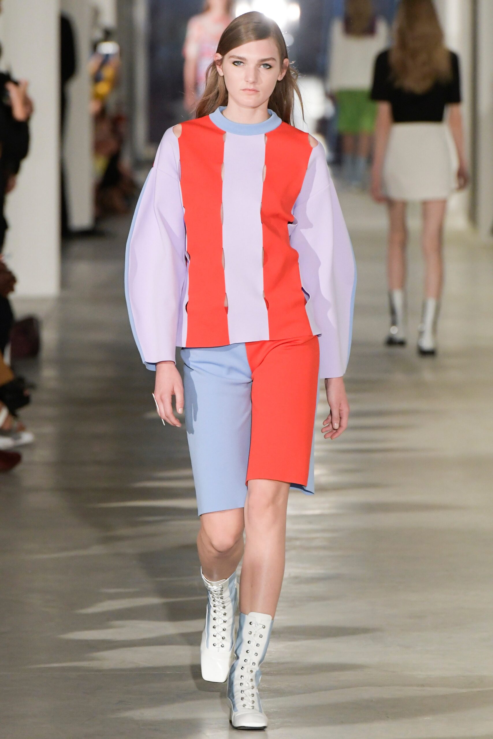red cotton long-sleeve high-neck fitted color-blocked top