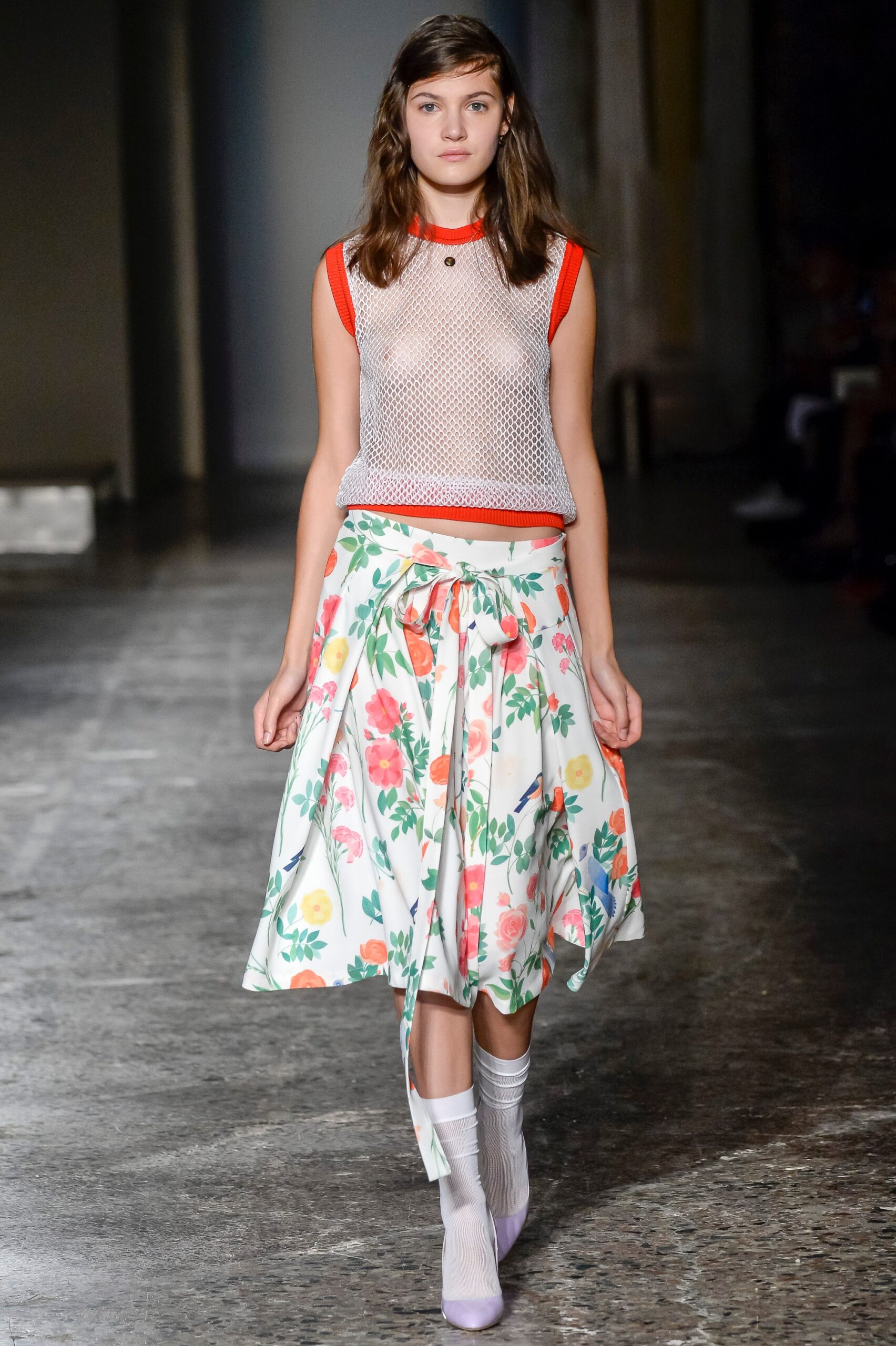 sheer white mesh top with floral skirt