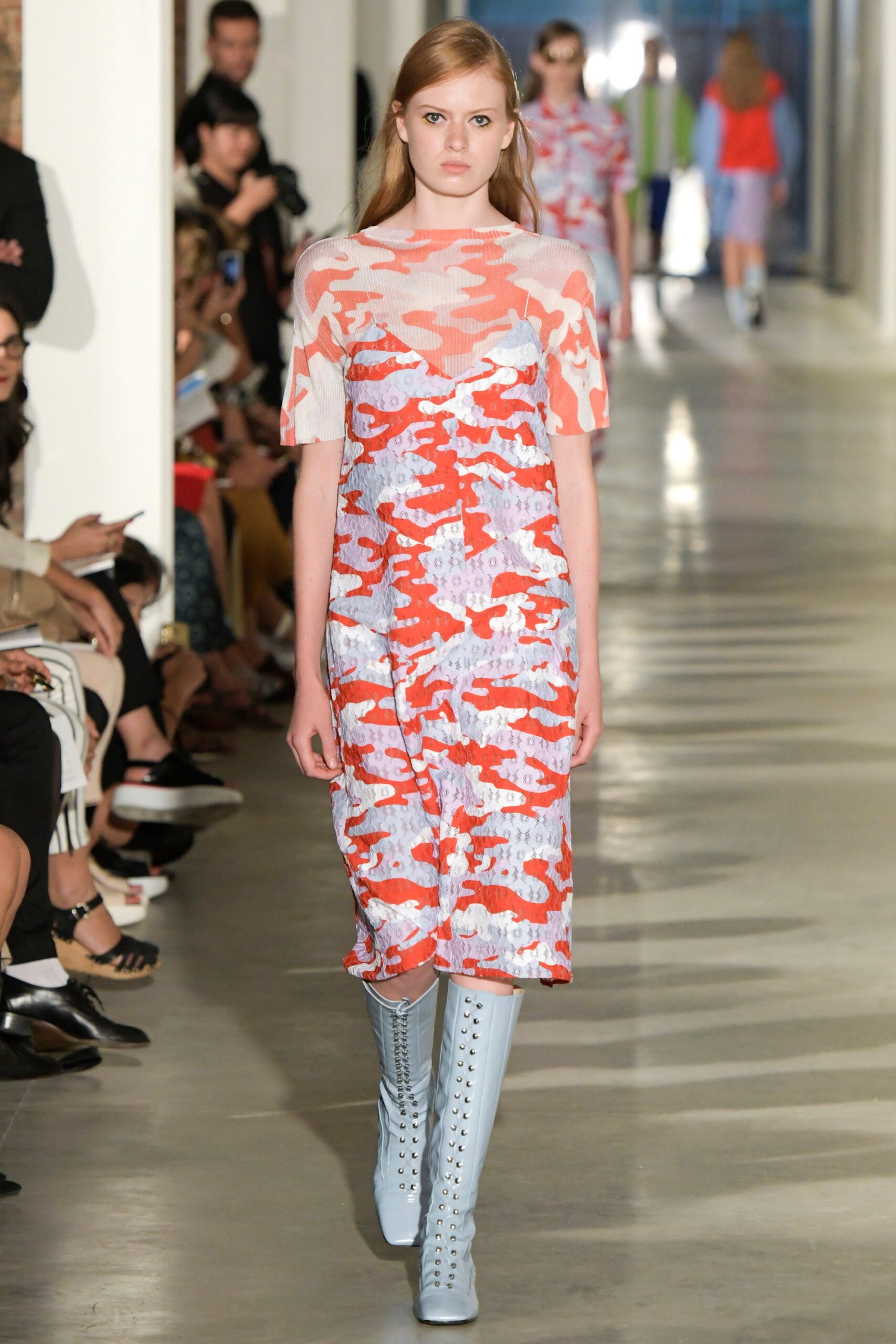 printed midi dress with blue boots