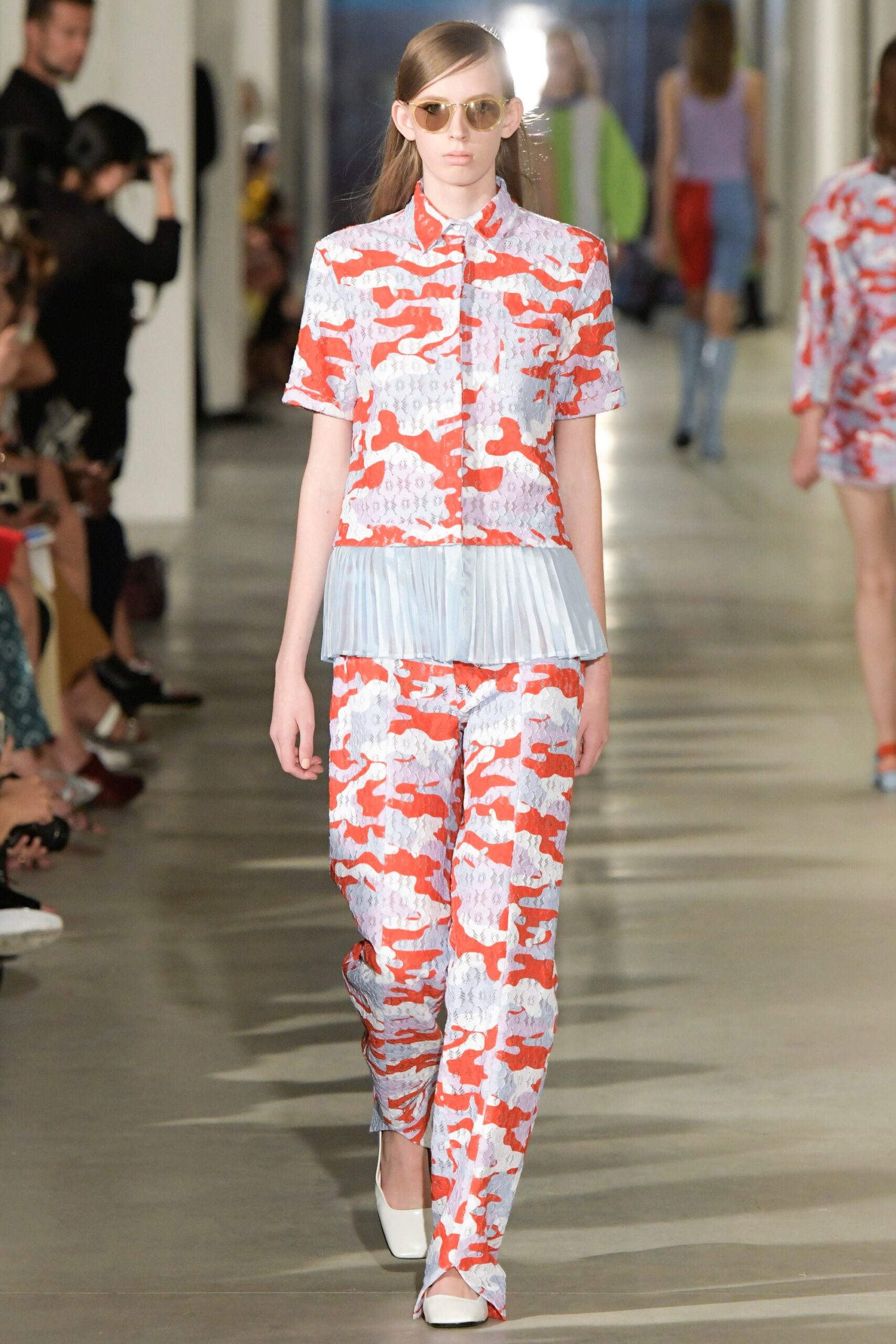printed red and blue shirt and pants