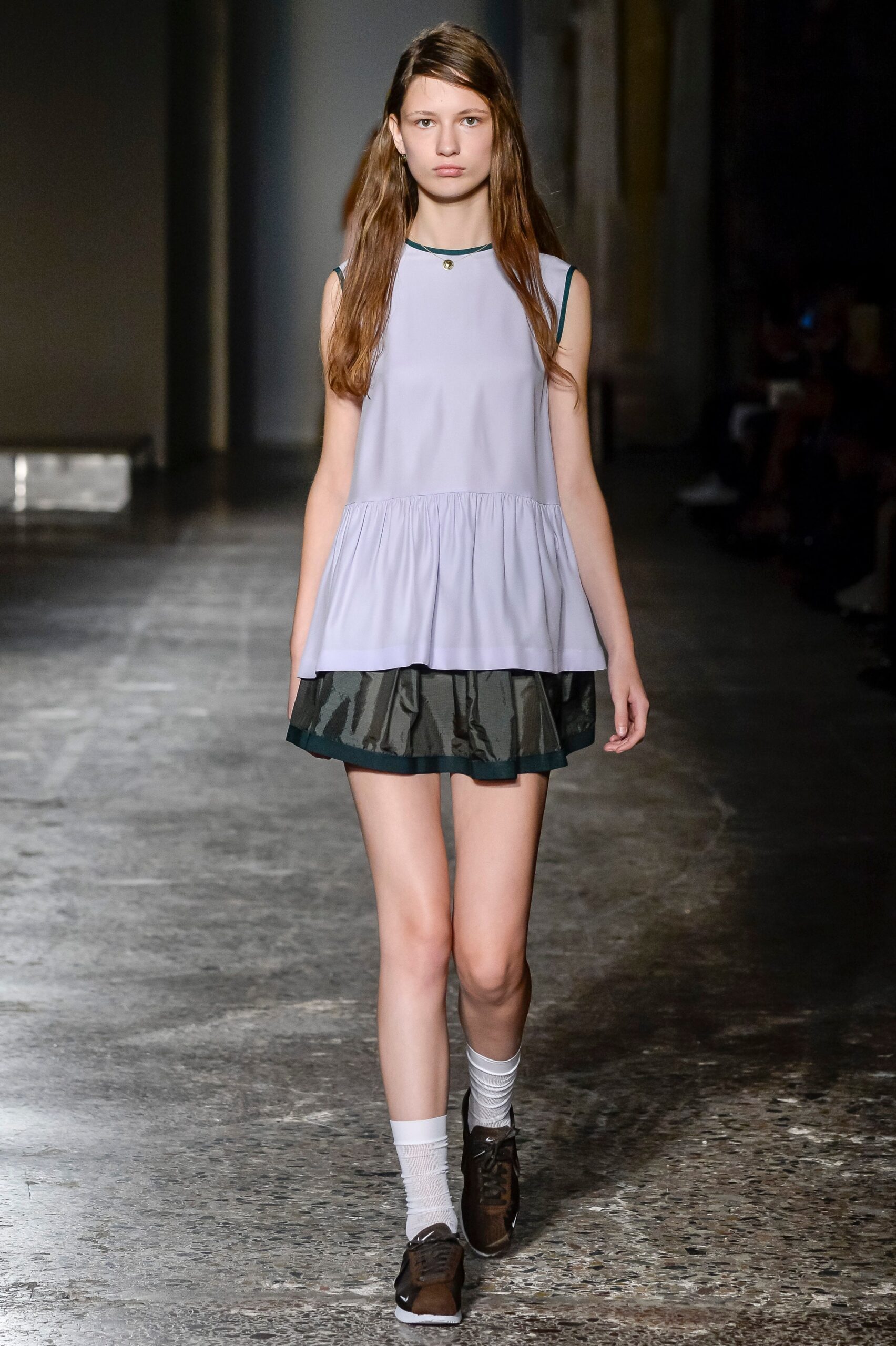 lavender top layered green skirt