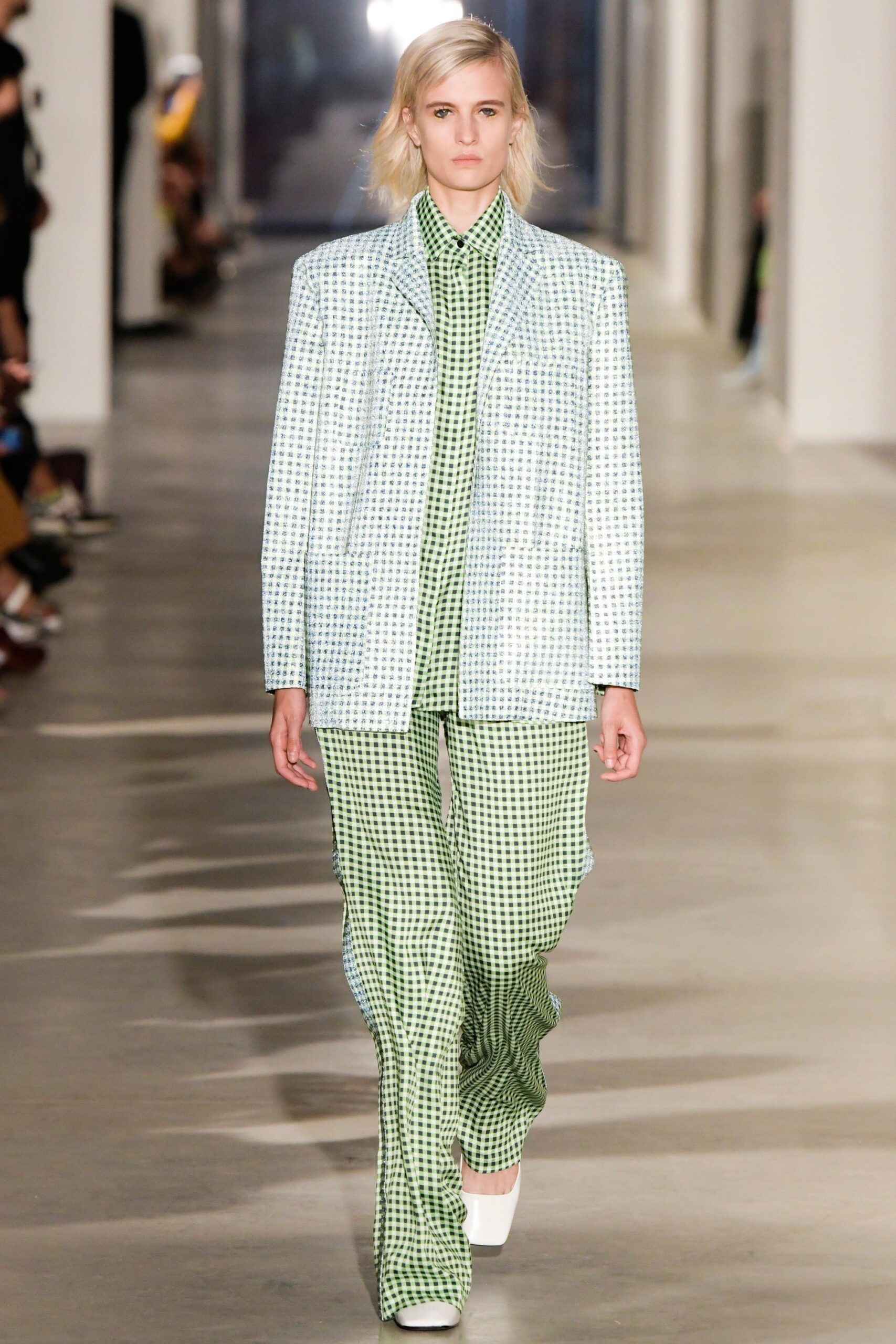 green tailored checked pants