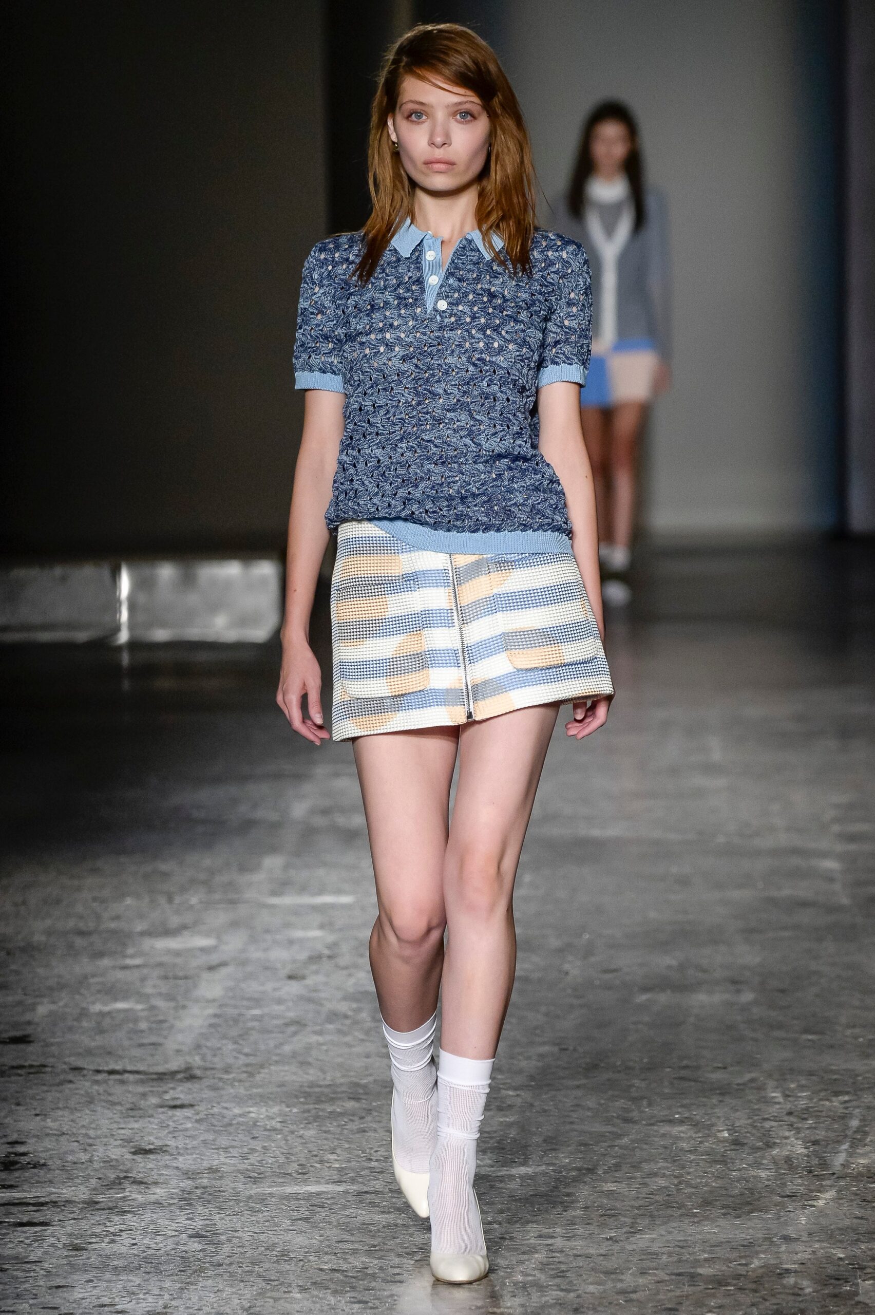 blue printed top with mini skirt