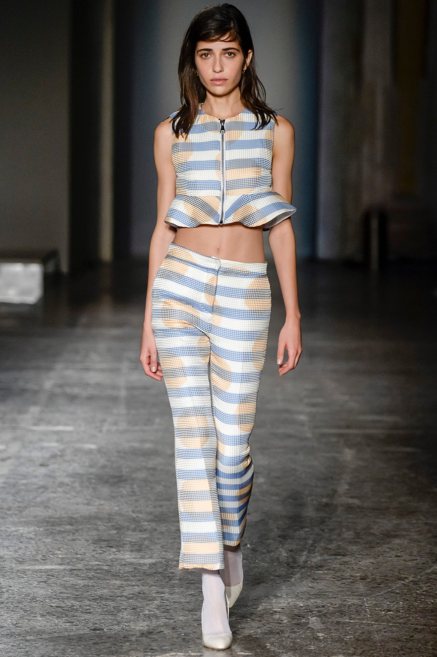 blue cotton sleeveless fitted zippered striped top