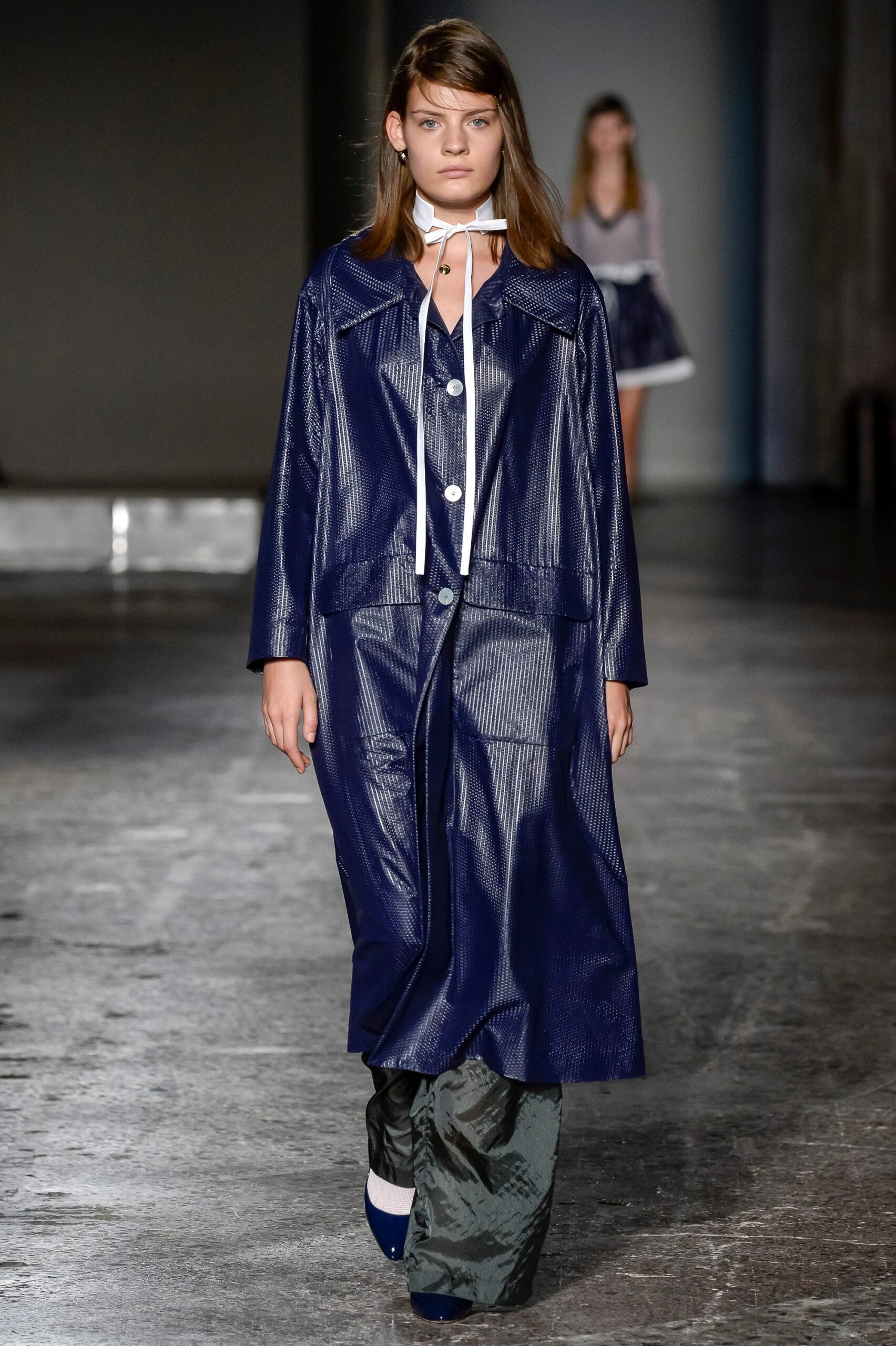 blue leather long-sleeve collared relaxed buttoned midi coat