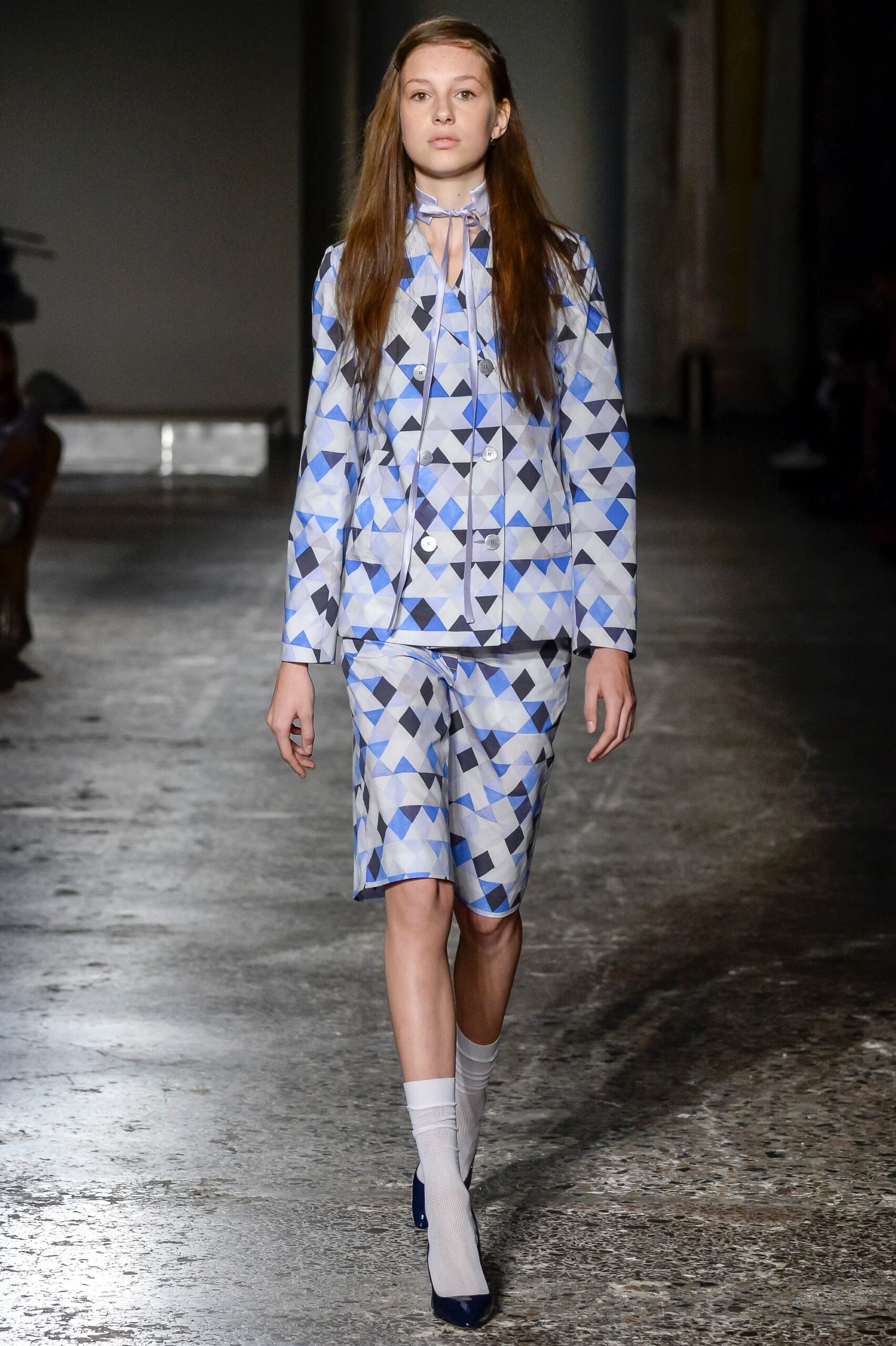 blue and white printed blazer and skirt