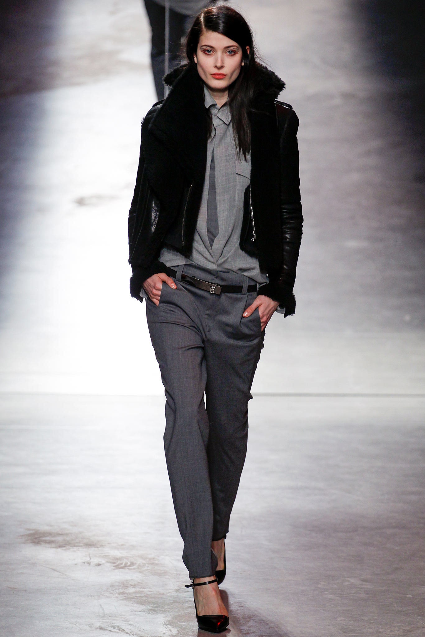 black leather jacket with gray shirt