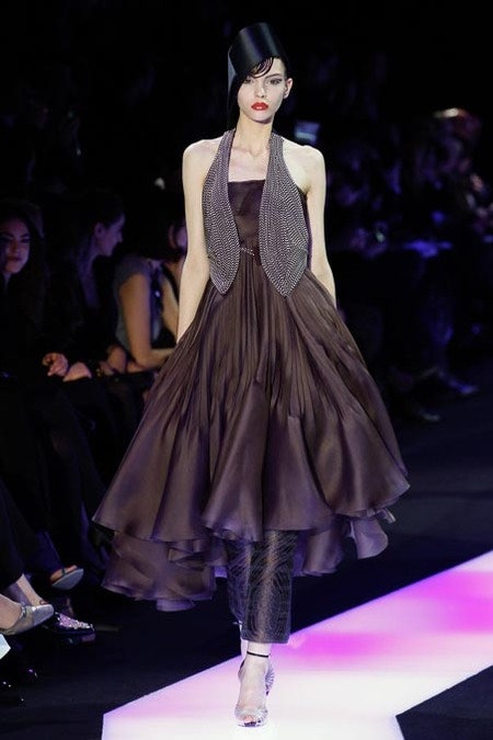 brown silk midi dress with gray vest