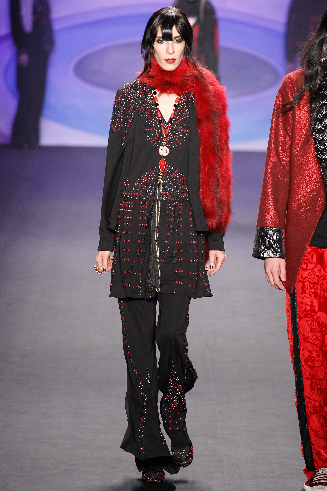 black silk embroidered top with red scarf