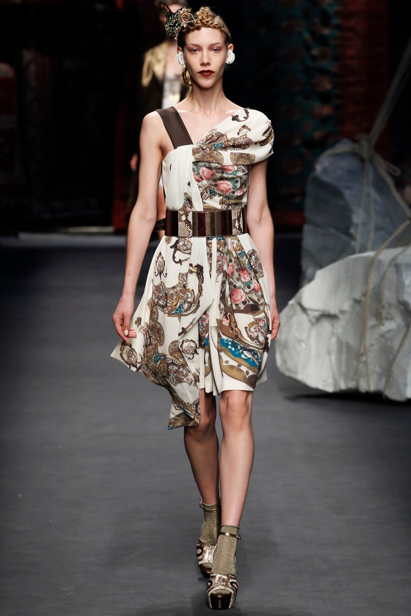 white multi-printed asymmetric dress