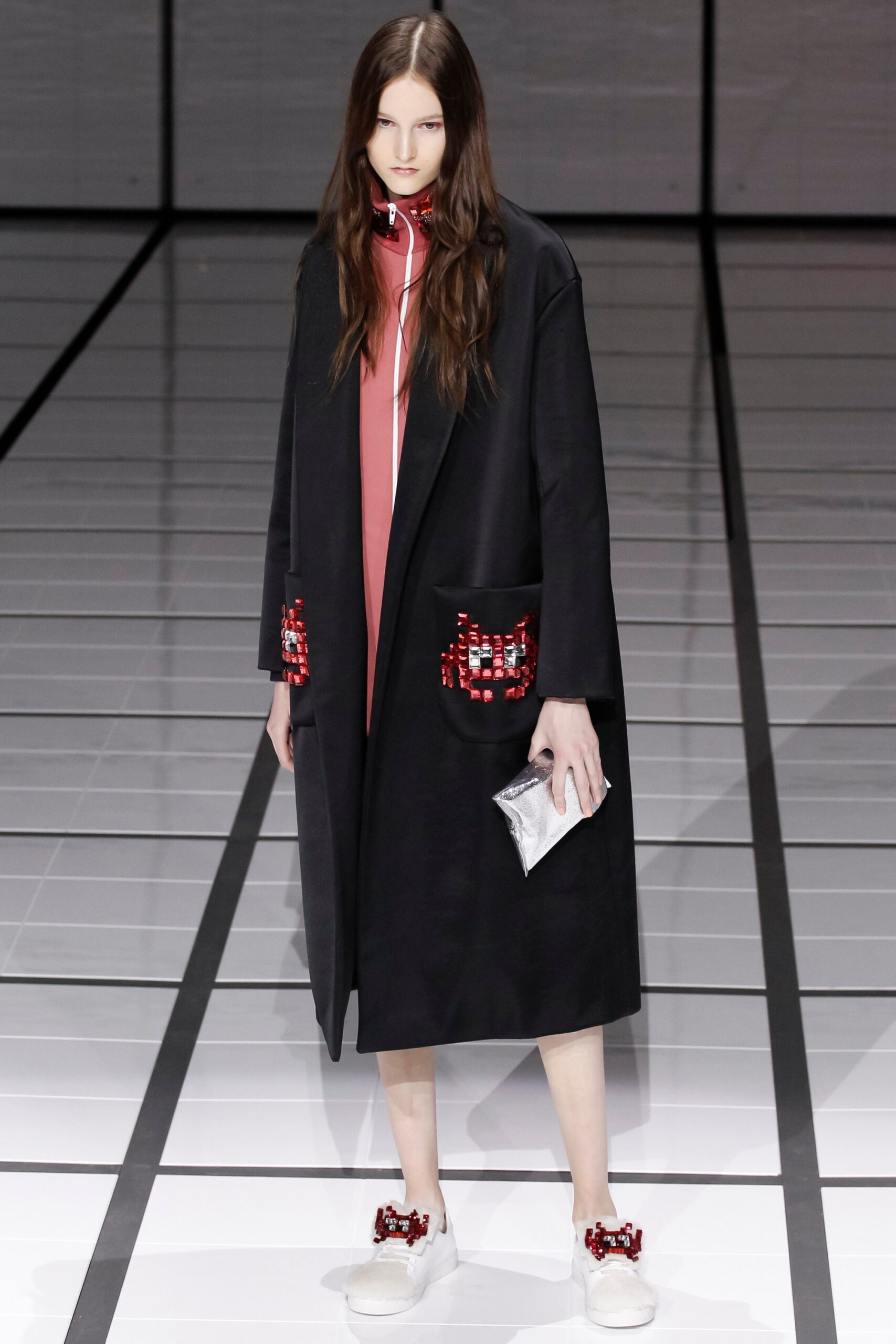 black wool coat with pink top