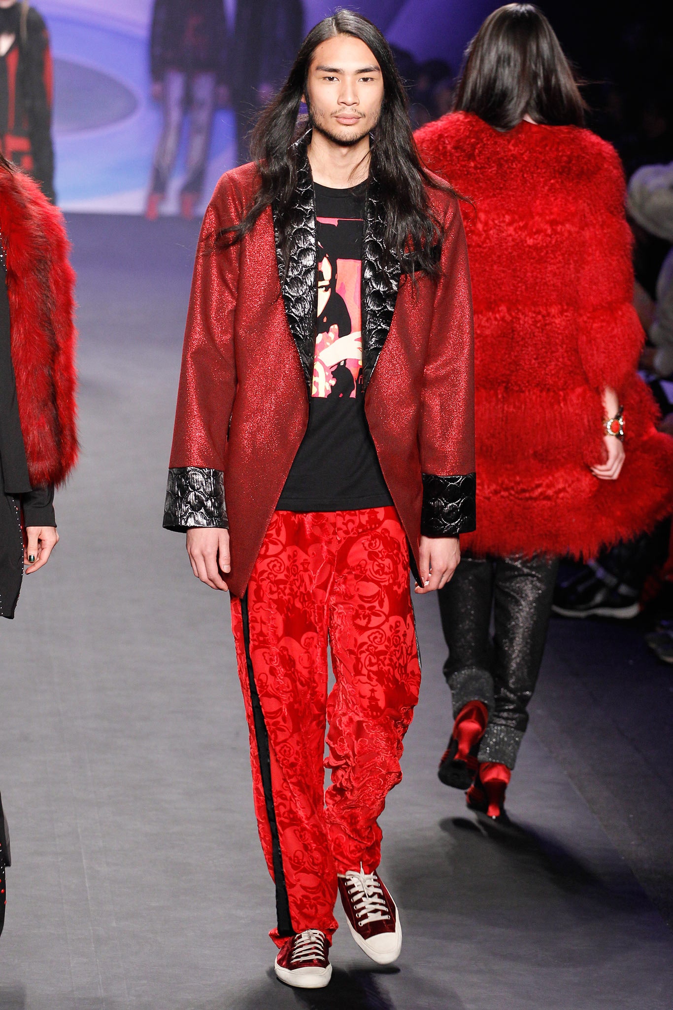 red tailored blazer with black t-shirt