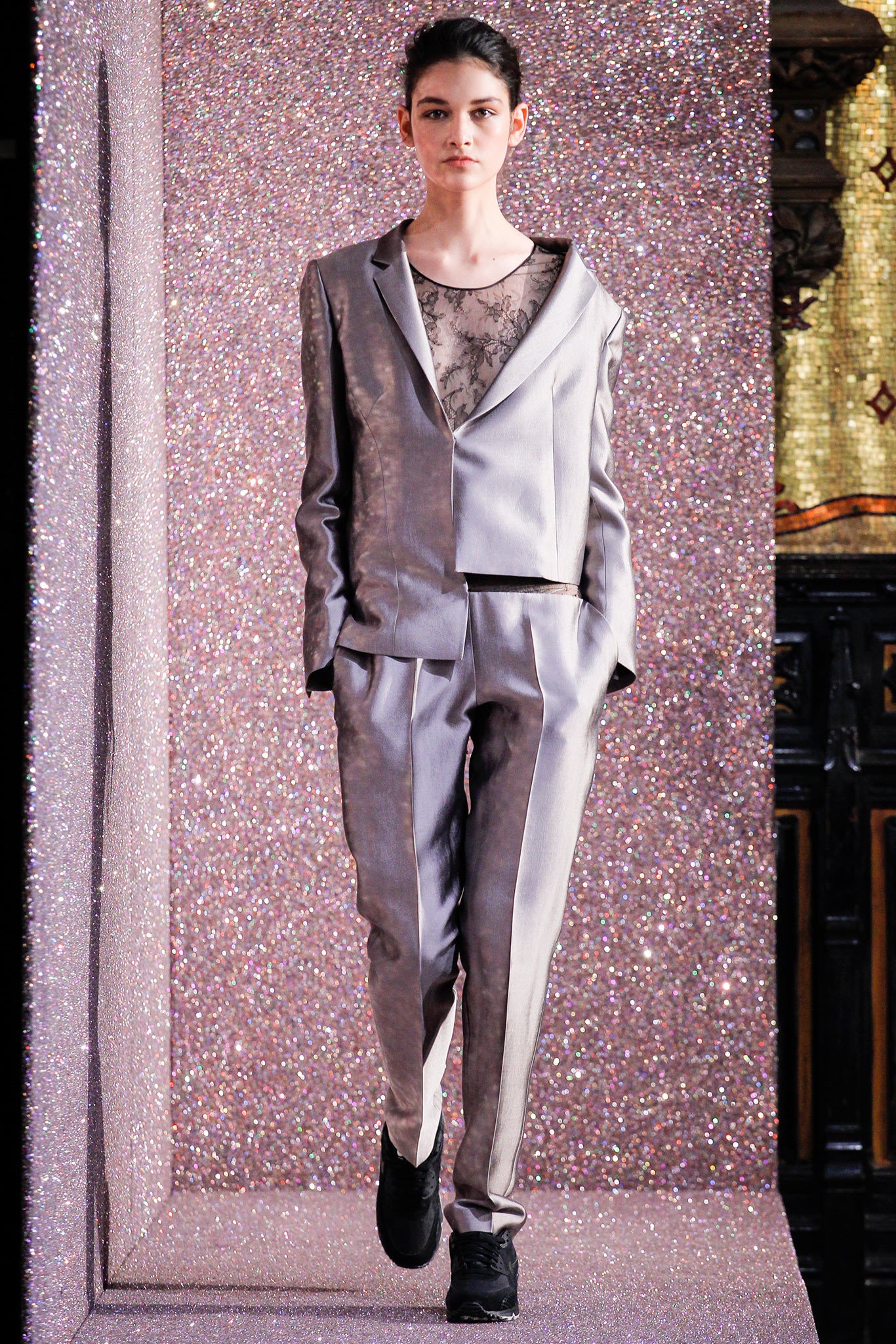 gray silk tailored suit with lace top