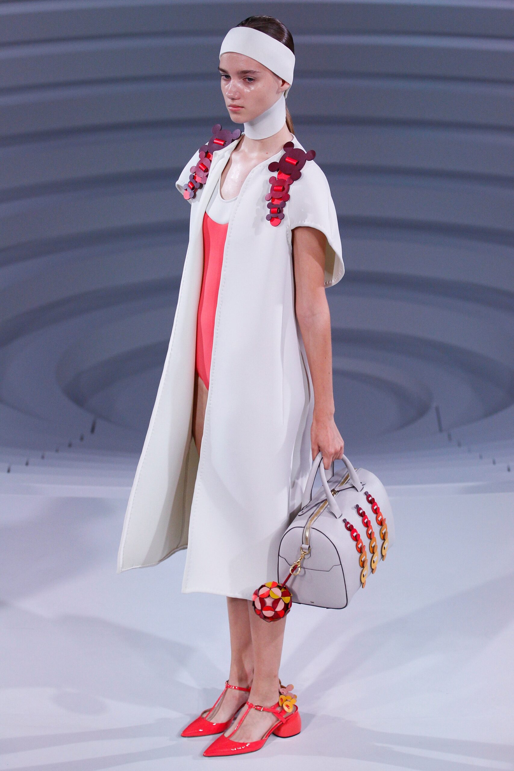 white coat red swimsuit