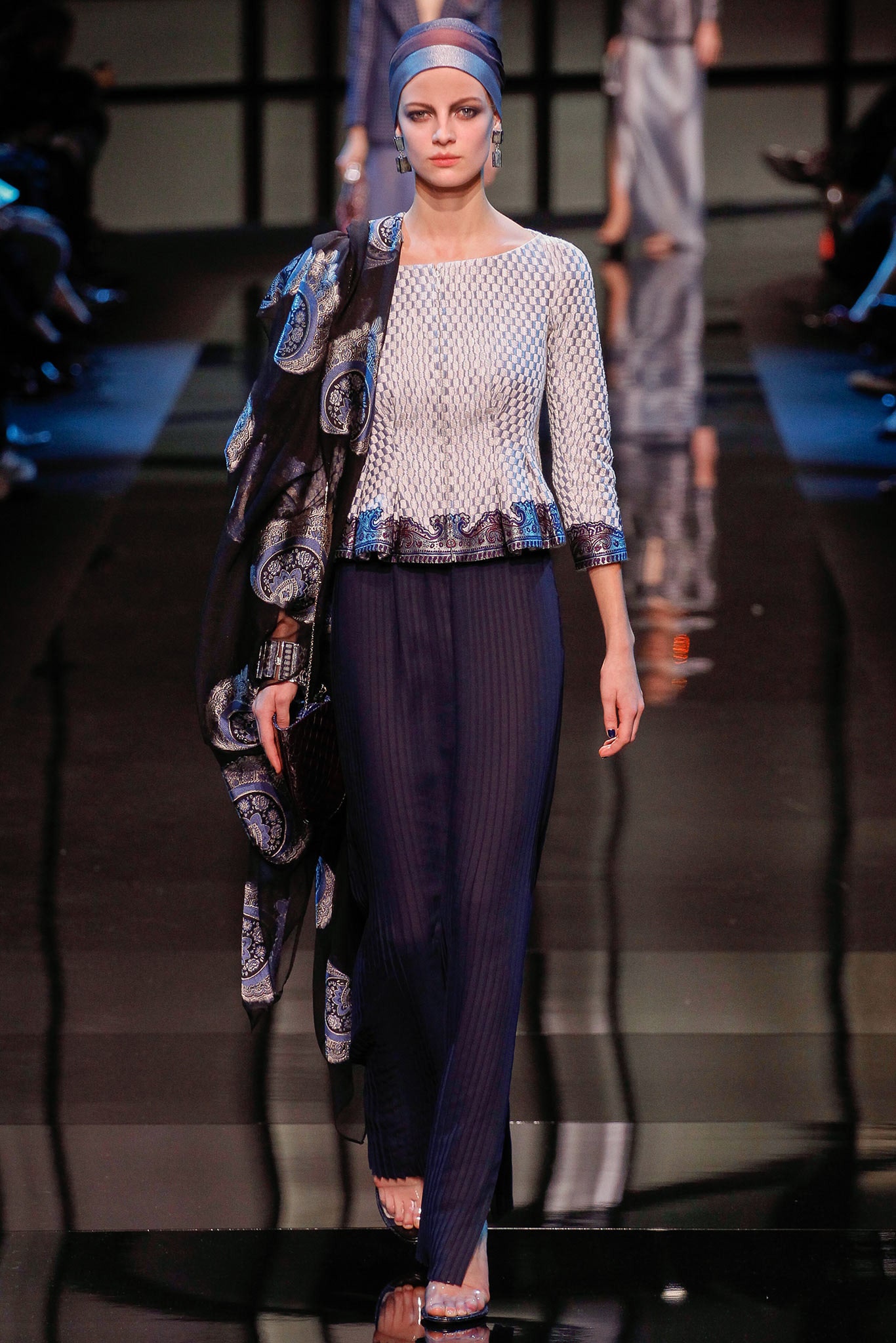 embroidered silk top with tailored pants