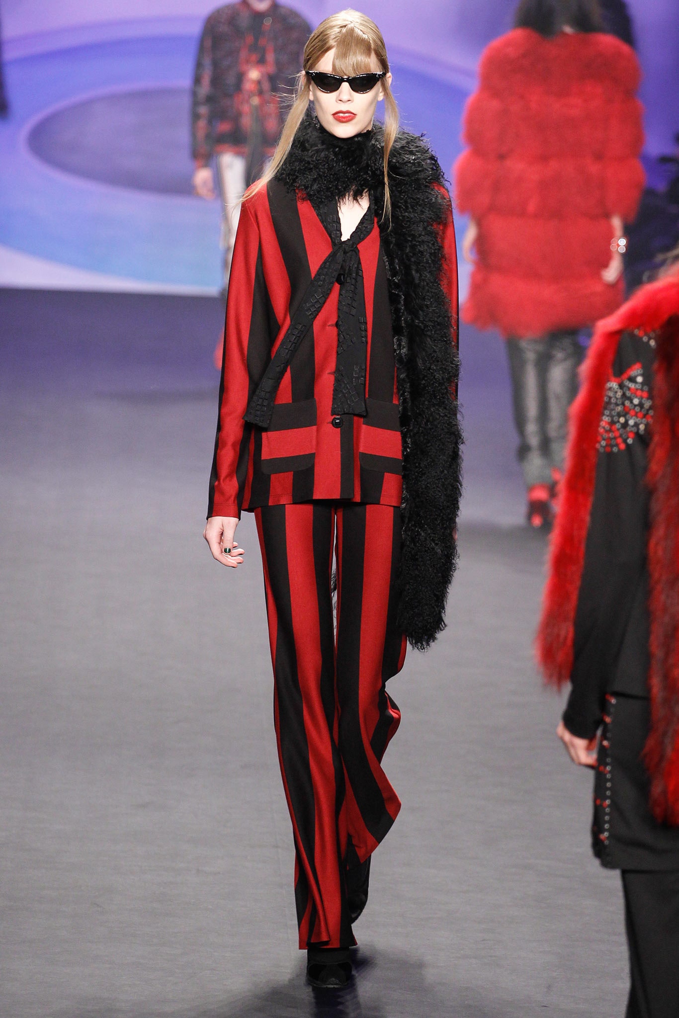 red and black striped suit