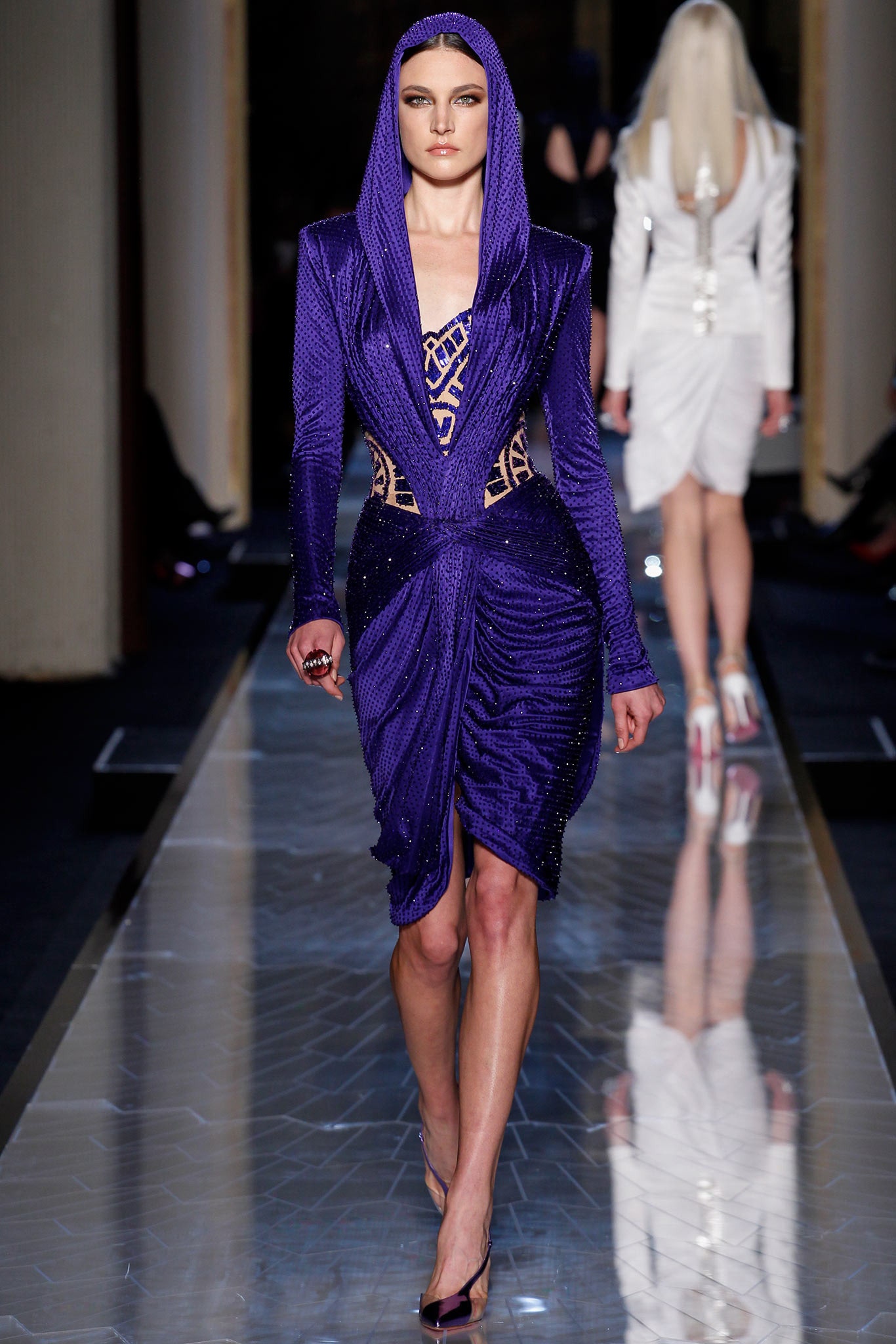 fitted purple silk hooded dress