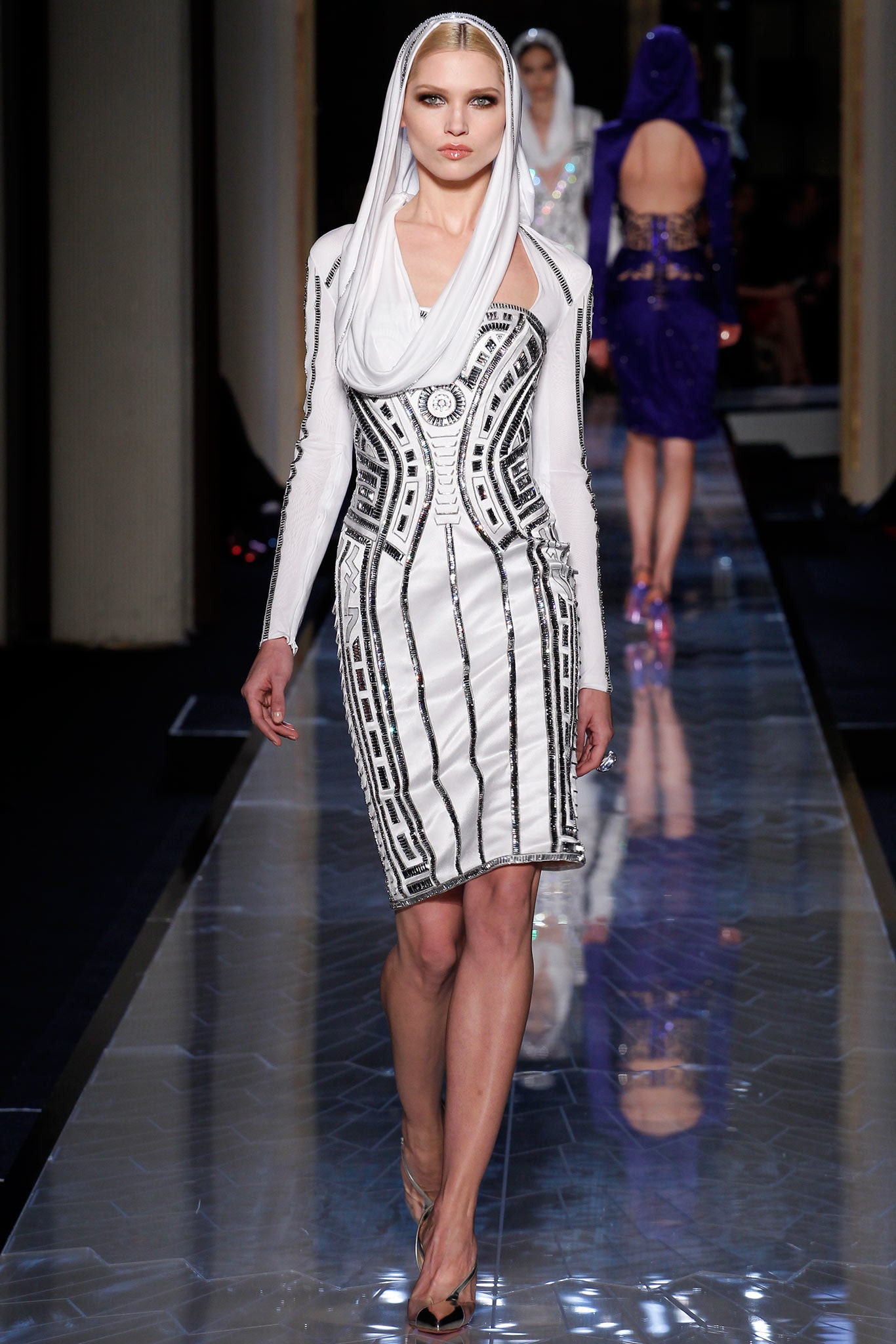 white silk long-sleeve high-neck fitted embellished pencil dress