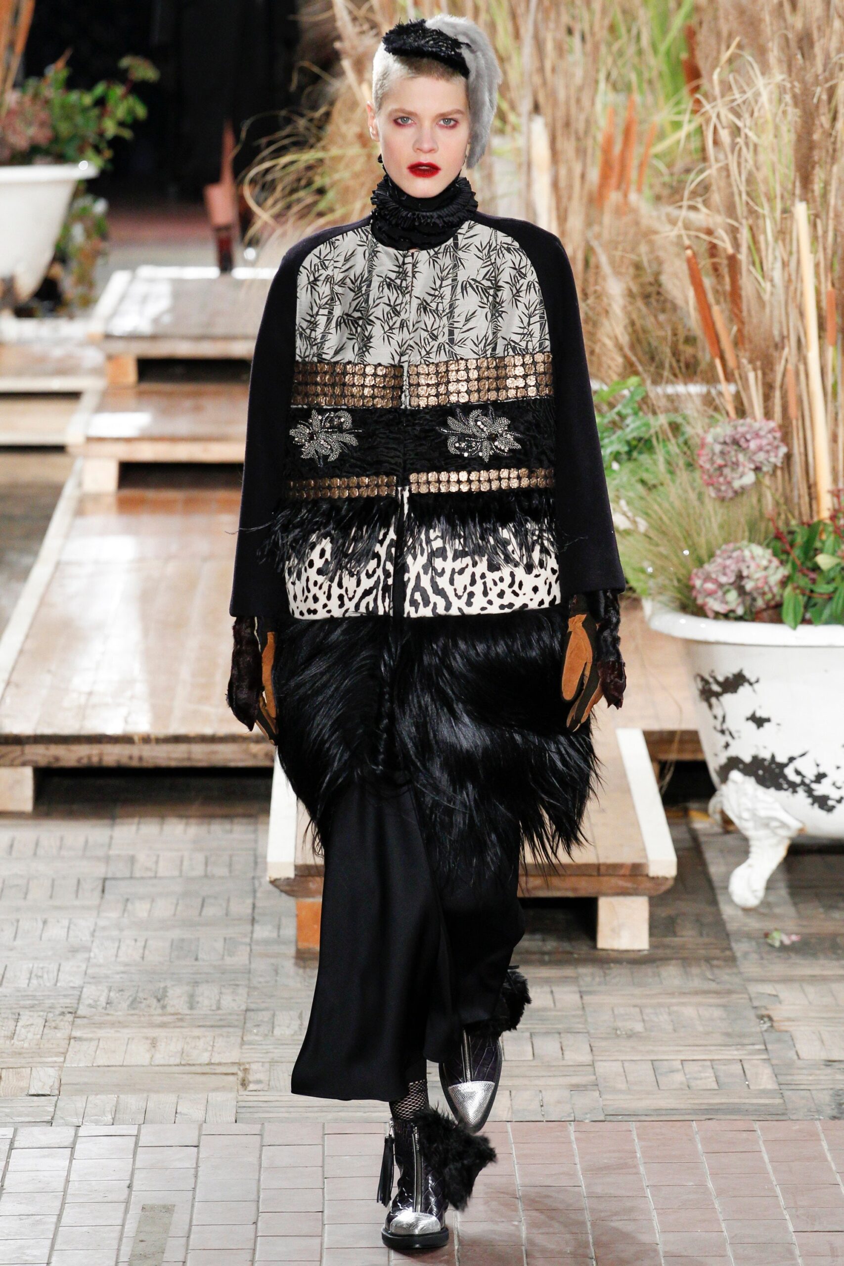 black wool long-sleeve collared relaxed layered embroidered cape
