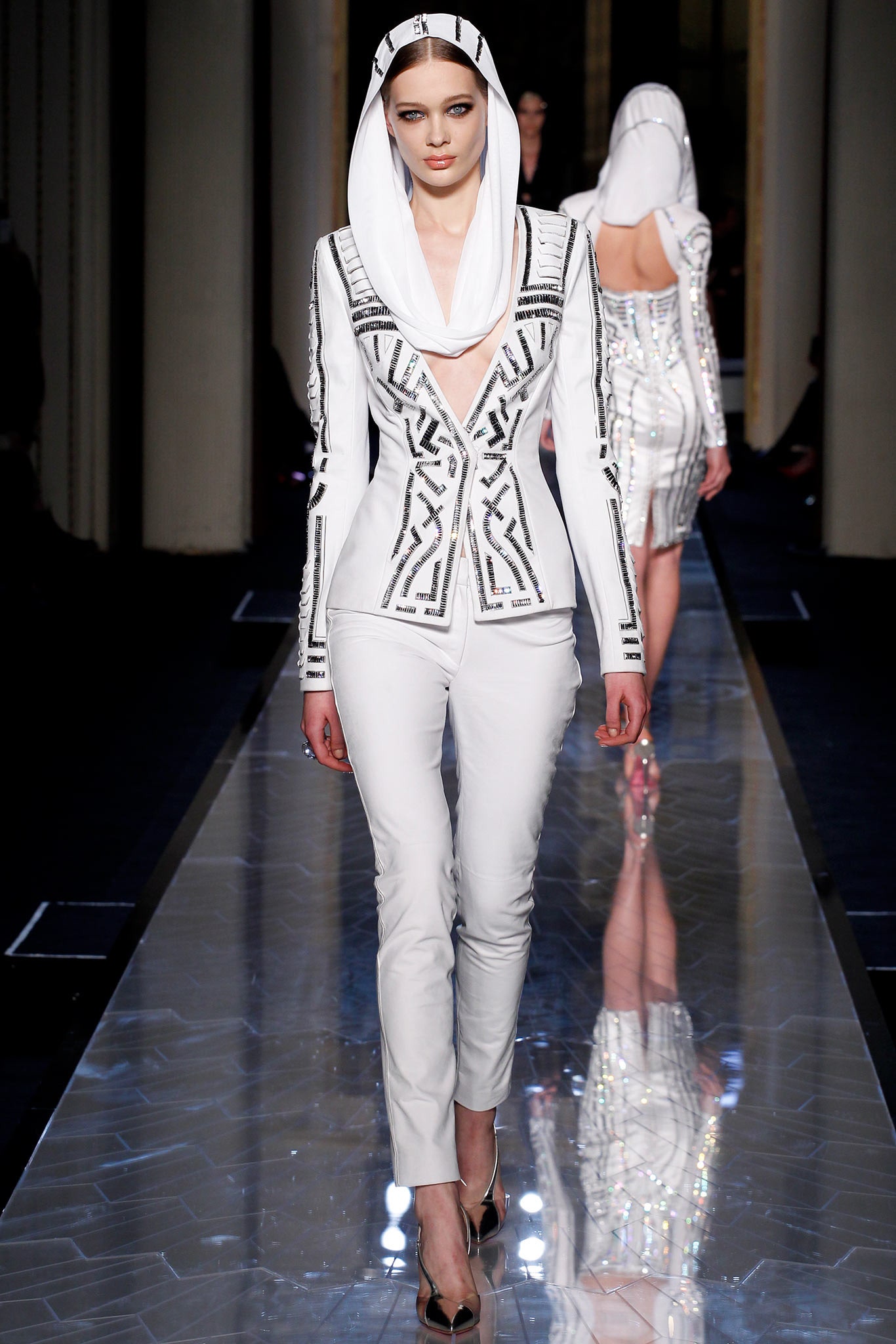 fitted white embroidered jacket and pants