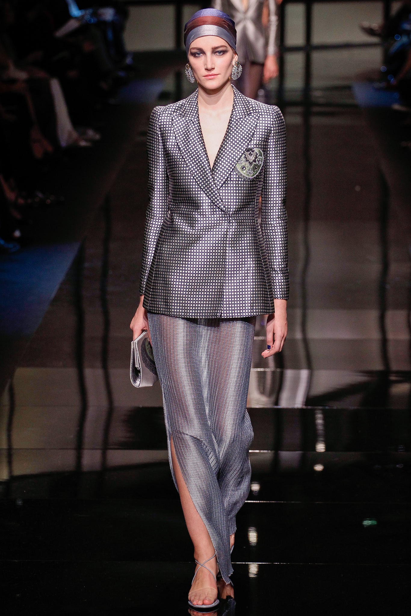 silver tailored blazer and draped skirt