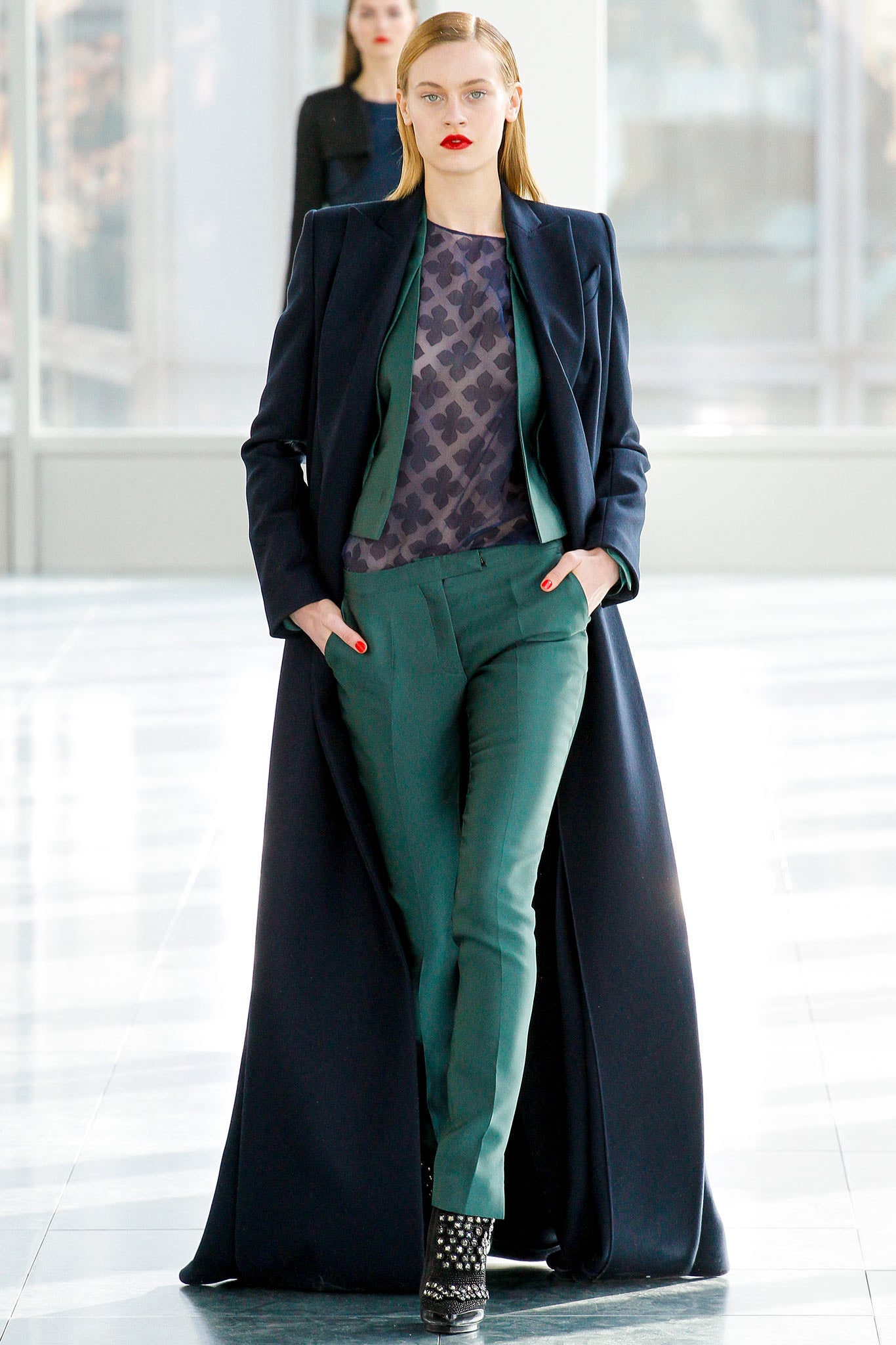 blue wool long-sleeve collared fitted draped maxi coat