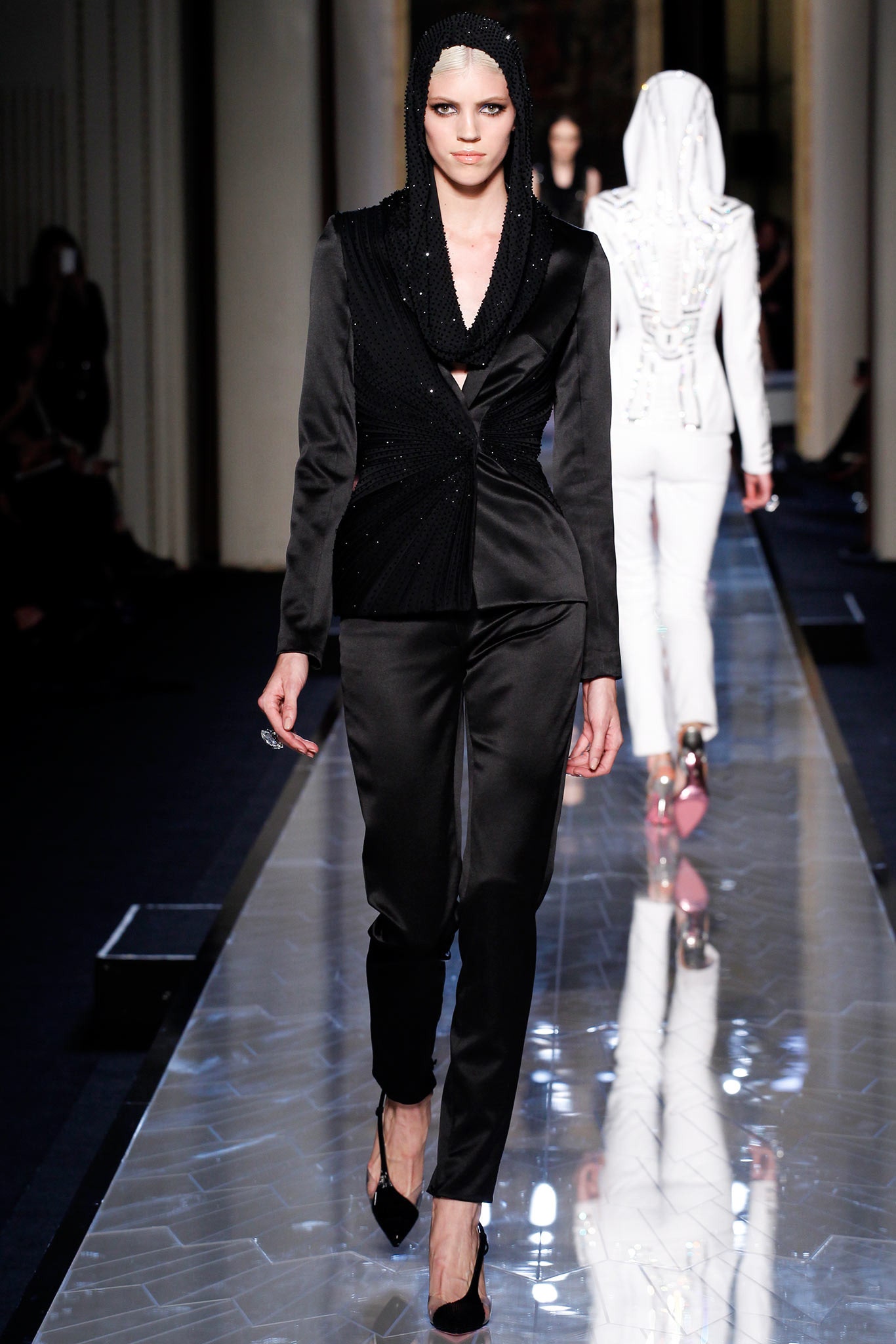 black silk fitted suit