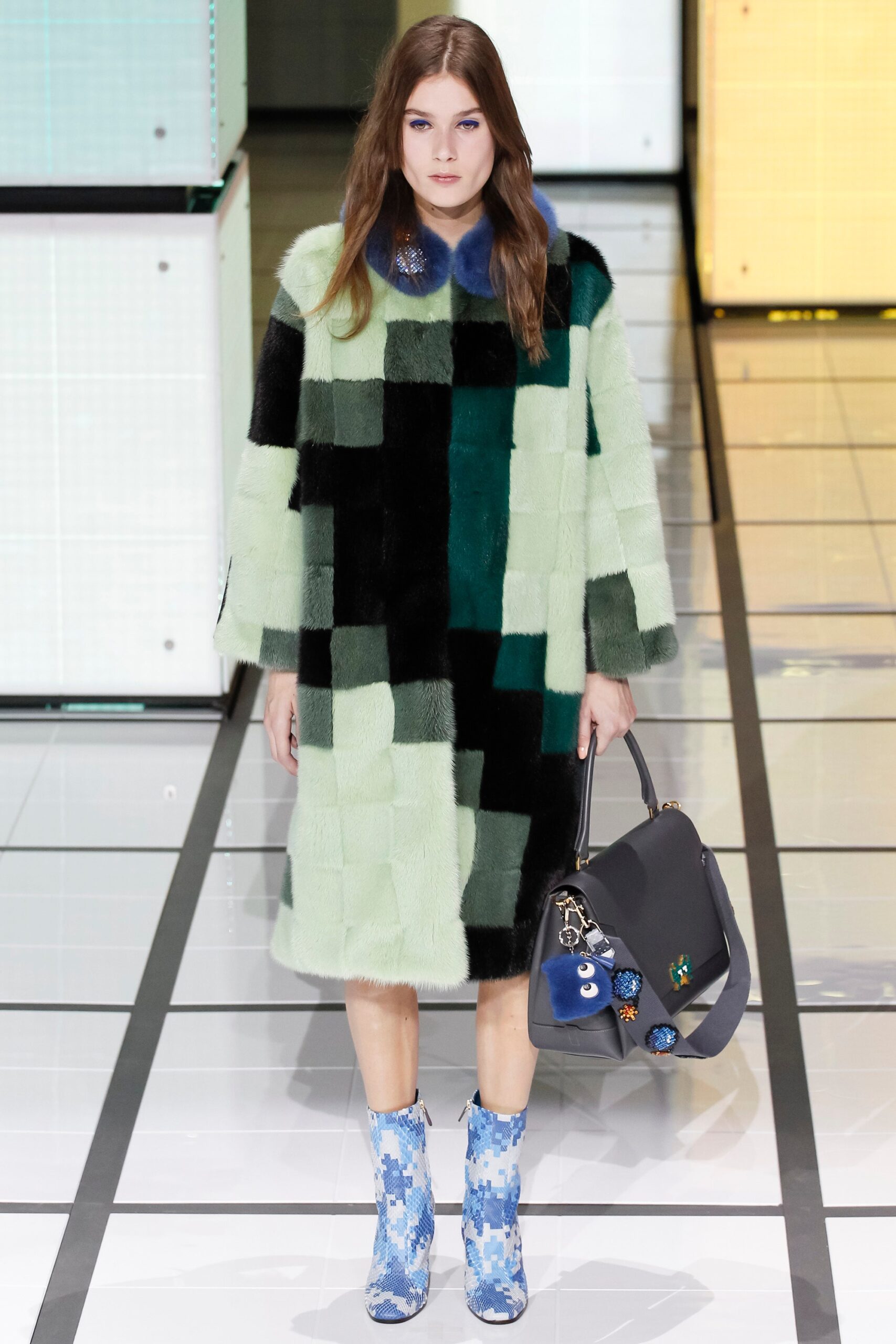 color-blocked faux-fur coat